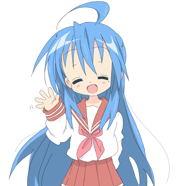 core (mayomayo), izumi konata, lucky star, bad id, bad pixiv id, 00s, 1girl, = =, ahoge, blue hair, blush, closed eyes, female focus, forehead, long hair, mole, mole under eye, school uniform, serafuku, solo, waving