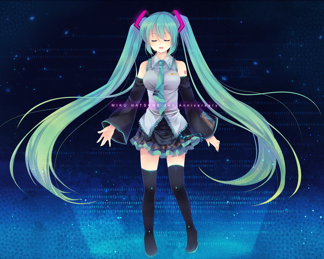 shinia, hatsune miku, vocaloid, 1girl, aqua hair, breasts, detached sleeves, female focus, full body, headphones, legs, long hair, necktie, solo, thighhighs, twintails, very long hair