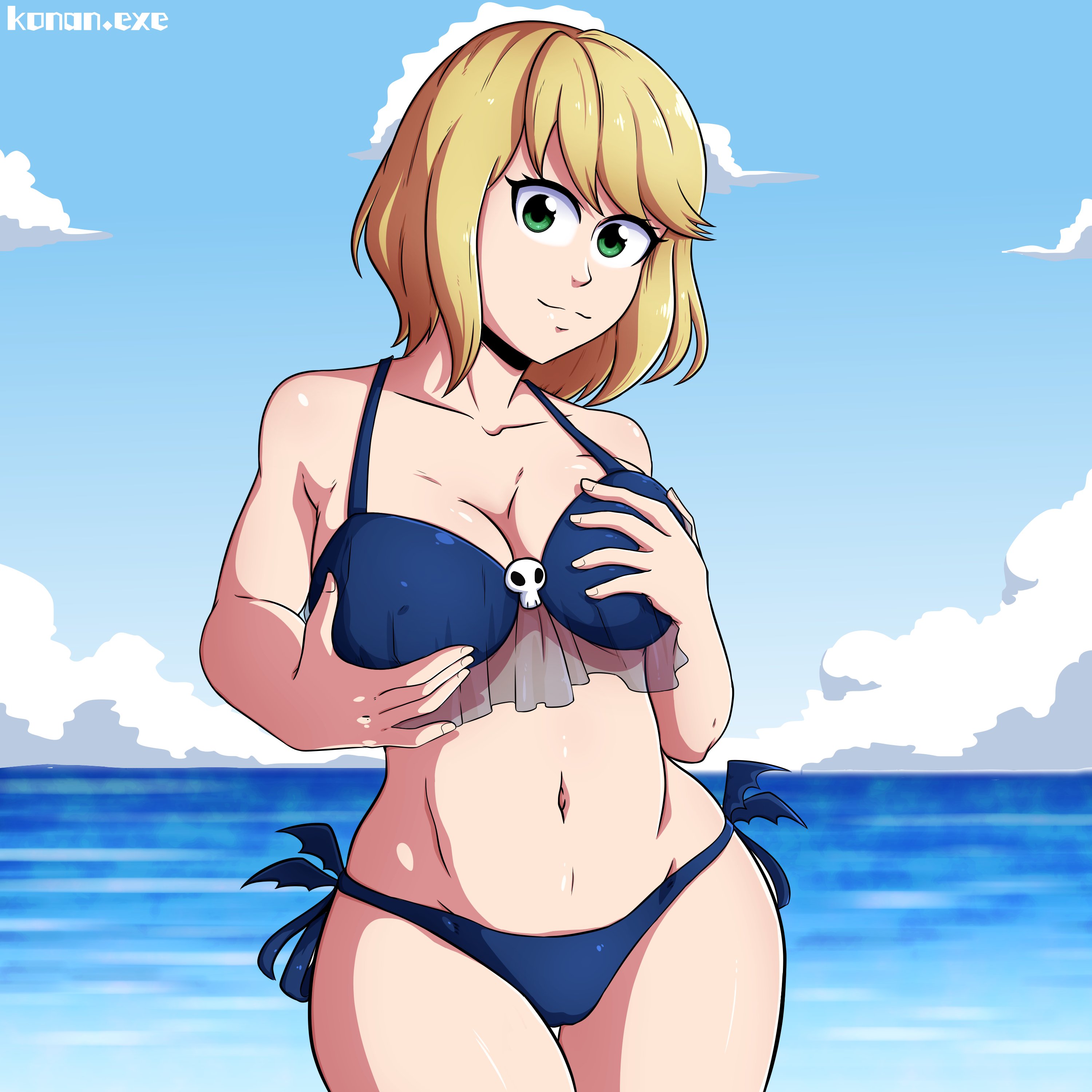 konan exe, magahara desumi, koi wa sekai seifuku no ato de, 1girl, artist name, bikini, blonde hair, blue bikini, blue sky, breasts, closed mouth, collarbone, covered erect nipples, cowboy shot, day, eyelashes, female focus, grabbing own breast, green eyes, looking at viewer, medium hair, navel, ocean, outdoors, side-tie bikini bottom, sky, smile, solo, standing, swimsuit, water