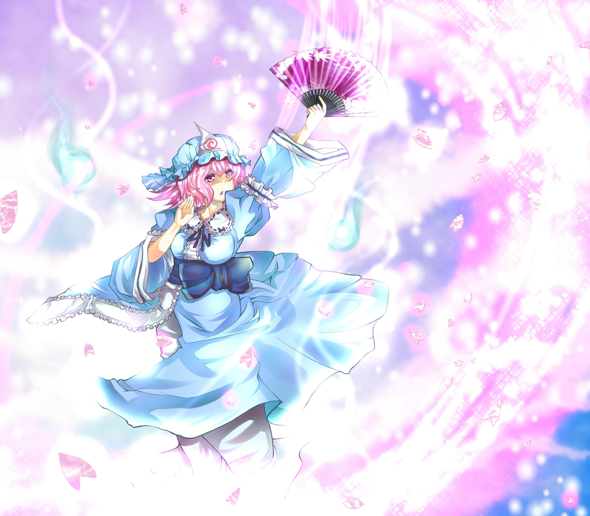 nokan, saigyouji yuyuko, touhou, 1girl, breasts, dress, female focus, gradient background, hand fan, hat, petals, pink eyes, pink hair, short hair, solo