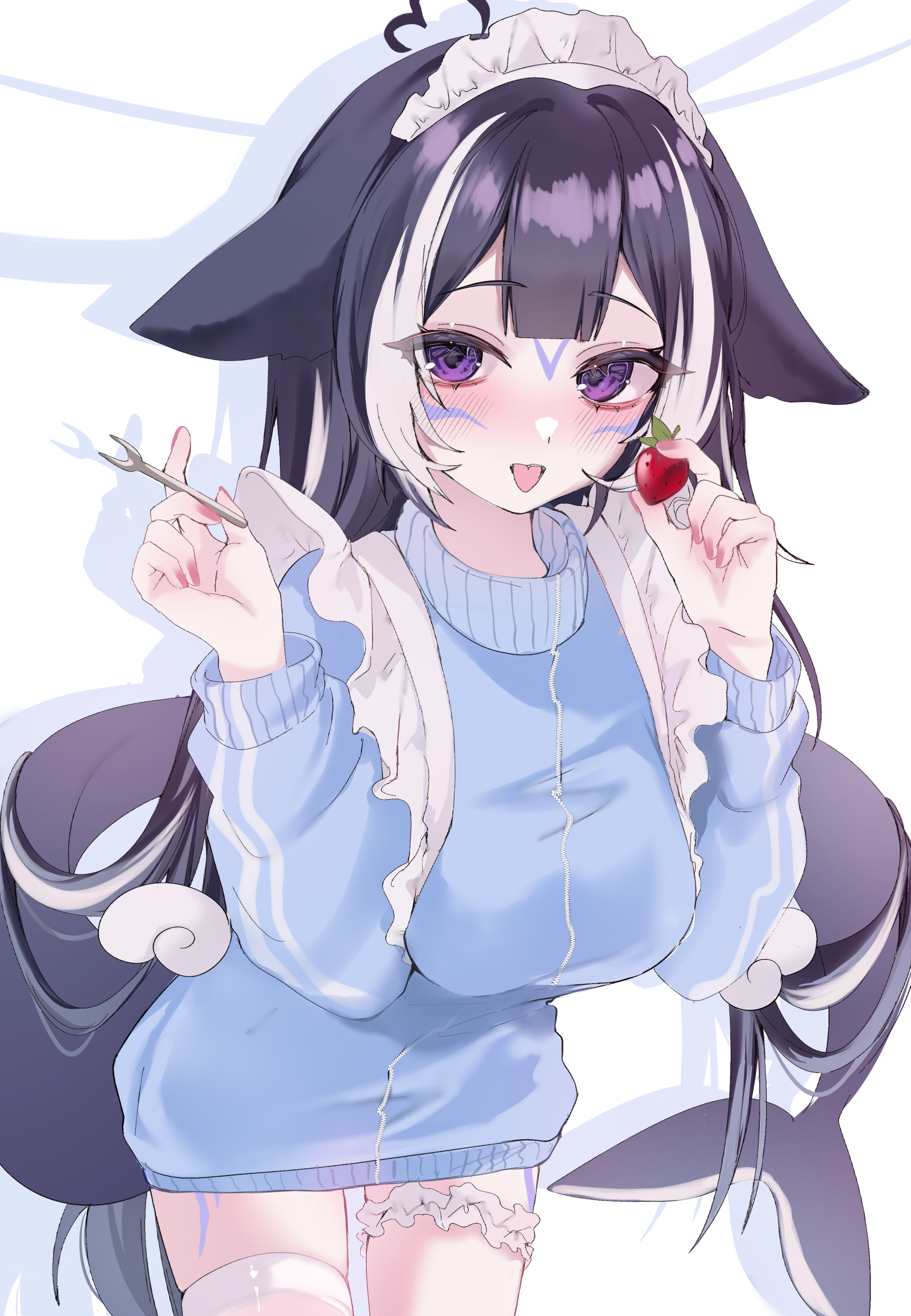 acedia, shylily, indie virtual youtuber, absurdres, commentary, english commentary, highres, 1girl, ahoge, animal ears, black hair, blue jacket, blunt bangs, blush, breasts, cetacean tail, facial mark, fins, fish tail, food, fruit, heart, heart ahoge, jacket, large breasts, long hair, looking at viewer, maid headdress, multicolored hair, open mouth, orca girl, purple eyes, single thighhigh, solo, strawberry, streaked hair, tail, thighhighs, tongue, tongue out, track jacket, two-tone hair, virtual youtuber, white hair