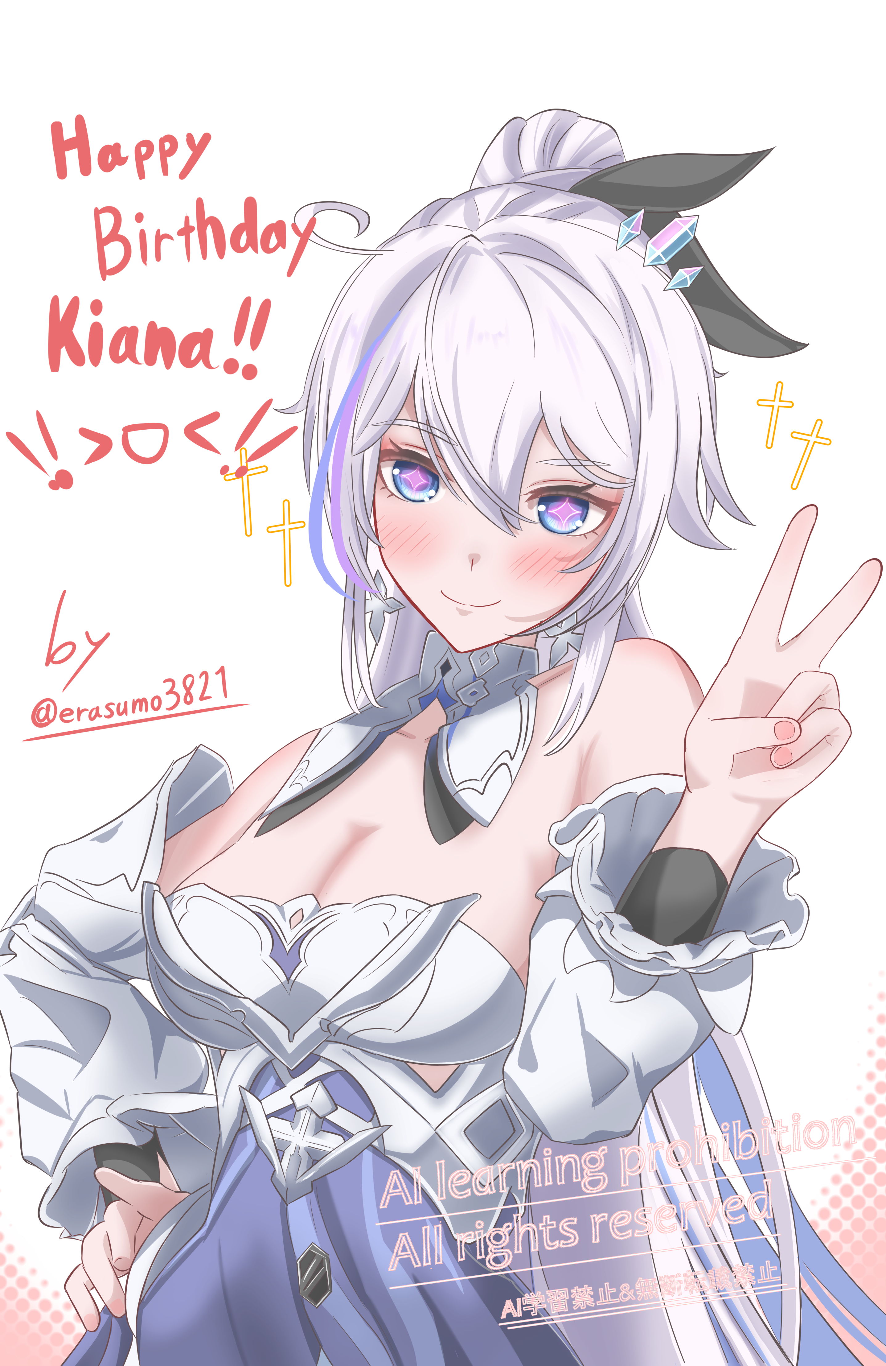 erasumo3821, kiana kaslana, kiana kaslana (apho), kiana kaslana (herrscher of finality), honkai (series), honkai impact 3rd, absurdres, commentary request, highres, 1girl, bare shoulders, blue eyes, blush, breasts, cleavage, closed mouth, detached collar, detached sleeves, dress, english text, hair between eyes, hand on own hip, happy birthday, large breasts, long hair, looking at viewer, purple dress, purple pupils, side ahoge, simple background, smile, solo, star-shaped pupils, star (symbol), symbol-shaped pupils, twitter username, upper body, v, watermark, white background, white hair