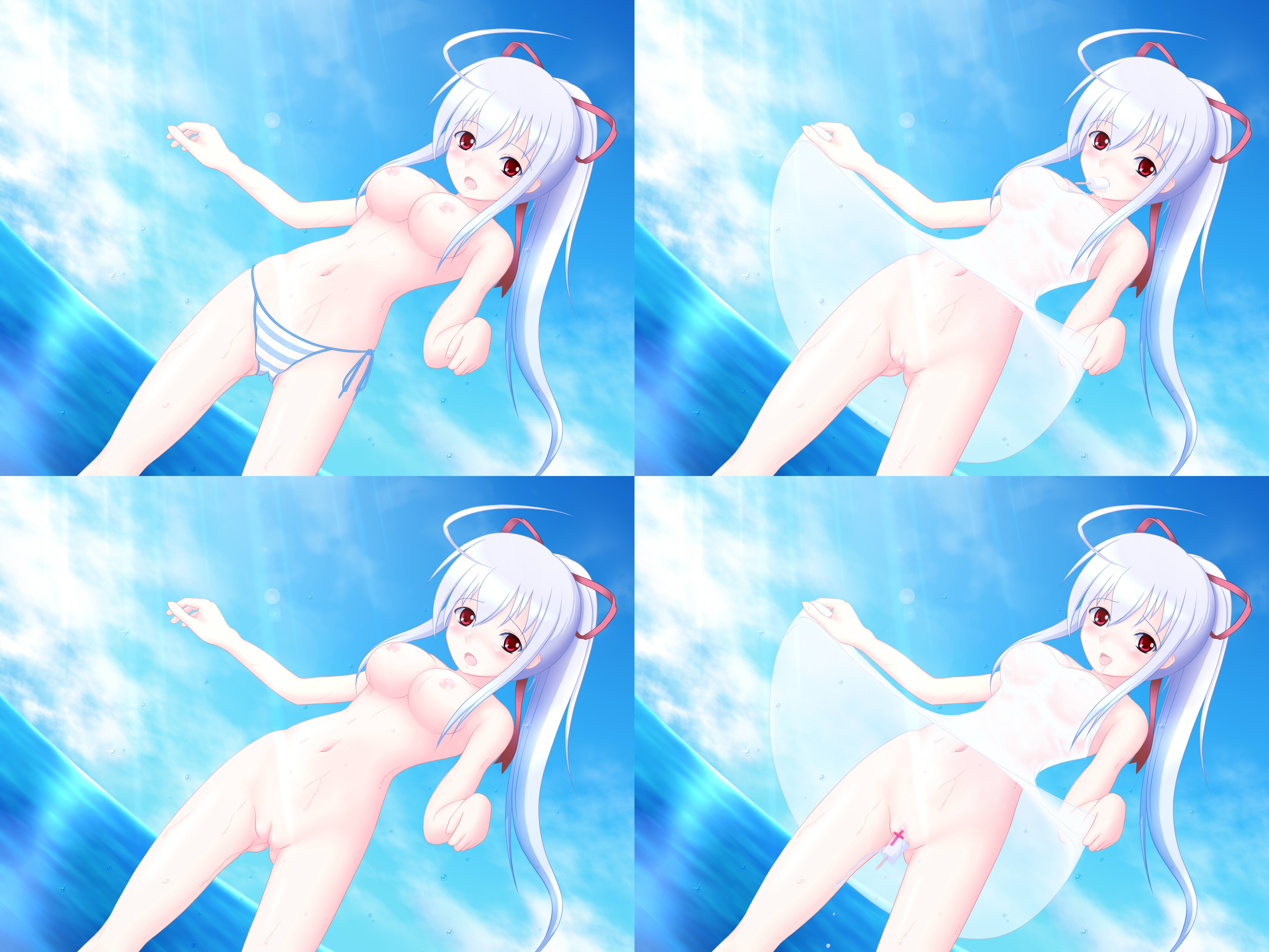 rin takanashi glacies, freudia neuwahl, rosenkreuzstilette, silver hair, absurdres, highres, ahoge, antenna hair, blush, clitoris, dress, erect clitoris, hair ribbon, long hair, nude, ocean, panties, ponytail, pussy, red eyes, ribbon, see-through clothes, striped clothes, striped panties, underwear, wet