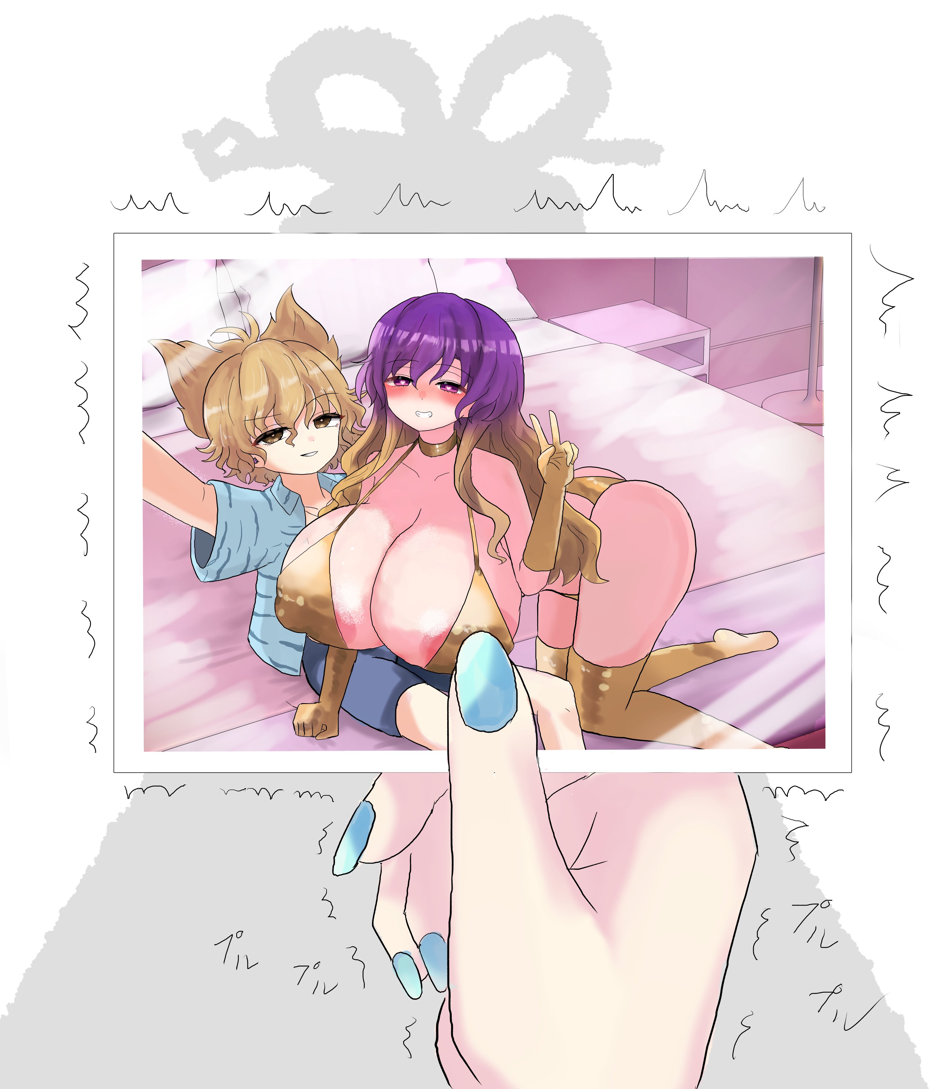 soeo (nuru sawa), hijiri byakuren, kaku seiga, toyosatomimi no miko, touhou, absurdres, highres, 3girls, bed, bikini, blue nails, blue shorts, blush, breasts, covered erect nipples, elbow gloves, fingernails, gloves, gold bikini, golden week, heart, heart-shaped pupils, huge breasts, implied cheating (relationship), implied sex, jacket, looking at viewer, multiple girls, nipples, on bed, photo (object), pillow, shadow, shaking, shorts, smile, swimsuit, symbol-shaped pupils, thighhighs