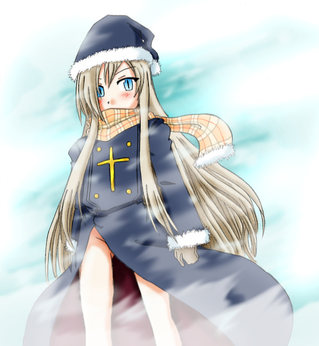 milen anessar, mirren anessar, eifer skute, rosenkreuzstilette, fur, light brown hair, blue eyes, blush, coat, cross, gloves, hat, long hair, no panties, scarf, solo, very long hair
