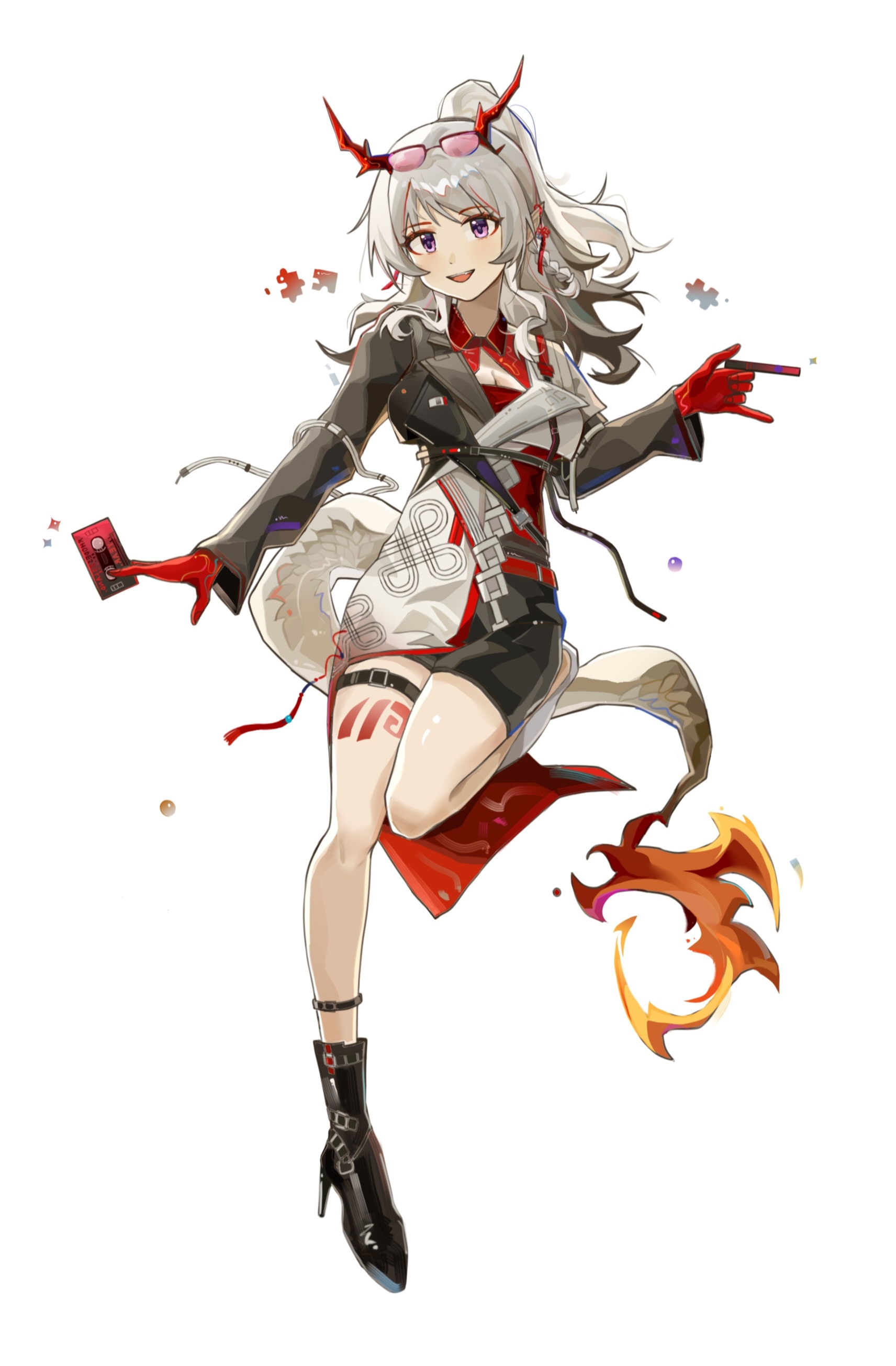 charkorr (tou pencil), nian (arknights), nian (thunderbolt director) (arknights), arknights, absurdres, chinese commentary, commentary request, highres, 1girl, between fingers, black jacket, black shorts, breasts, cassette tape, cleavage, cleavage cutout, clothing cutout, colored extremities, dragon girl, dragon horns, dragon tail, earrings, eyewear on head, full body, grey hair, grey jacket, holding, holding cassette, horns, jacket, jewelry, leg up, long hair, long sleeves, looking at viewer, multicolored hair, official alternate costume, open mouth, pink-tinted eyewear, purple eyes, puzzle piece, red horns, red jacket, short shorts, shorts, simple background, small breasts, smile, solo, sparkle, streaked hair, tail, thigh strap, tinted eyewear, white background