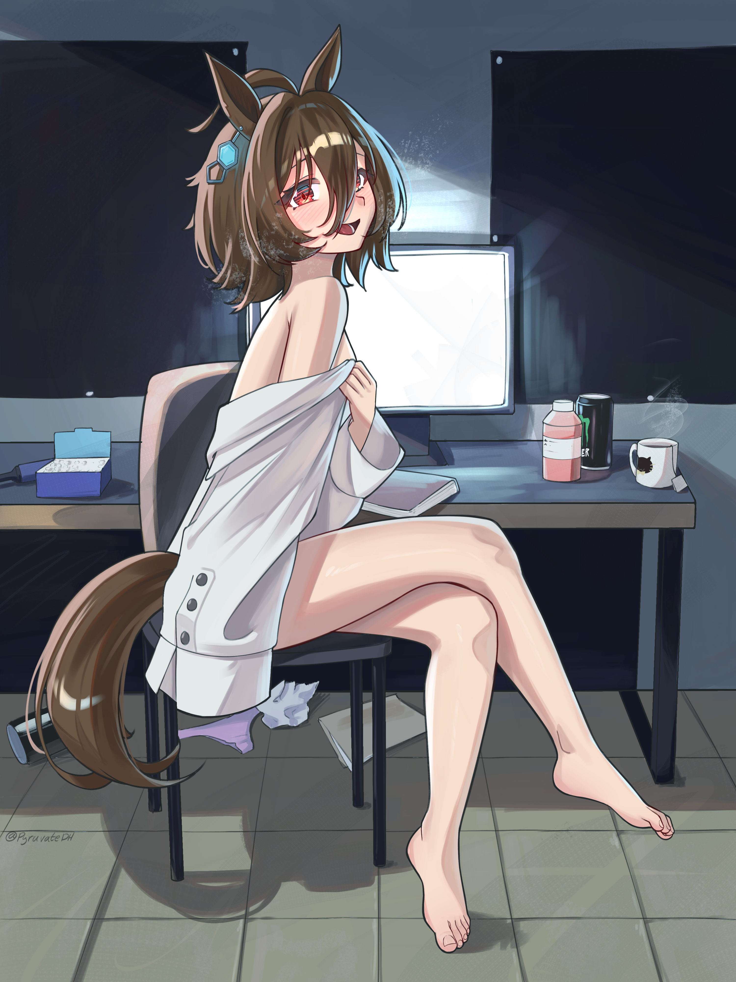 pyruvate, agnes tachyon (umamusume), monster energy, umamusume, absurdres, commentary, english commentary, highres, 1girl, ahoge, animal ears, armpit crease, barefoot, blush, brown hair, coat, crossed legs, cup, ear ornament, feet, full body, hair between eyes, hand up, horse ears, horse girl, horse tail, legs, medium hair, monitor, mug, naked coat, open mouth, panties, pink panties, red eyes, shadow, sitting, solo, tail, tile floor, tiles, toenails, toes, twitter username, underwear, unworn panties