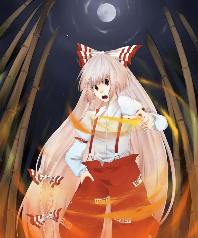 aoi mitsuru, fujiwara no mokou, touhou, silver hair, non-web source, 1girl, annoyed, bamboo, bamboo forest, bow, cloud, female focus, fire, forest, full moon, hair bow, hair ribbon, hand in pocket, long hair, moon, multiple hair bows, nature, night, night sky, open mouth, pants, red eyes, ribbon, shirt, sky, solo, suspenders, very long hair, white shirt