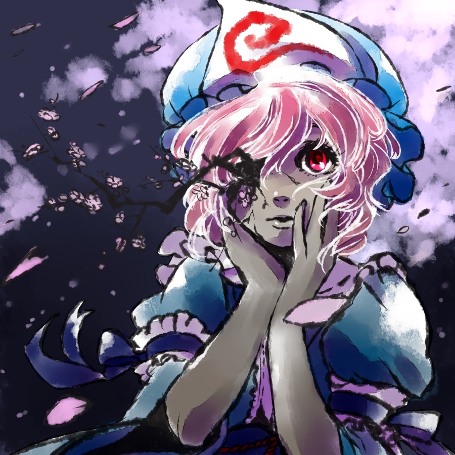 yukataro, saigyouji yuyuko, touhou, bad id, bad pixiv id, 1girl, cherry blossoms, colored skin, female focus, flower, grey skin, hat, nature, petals, pink hair, plant, red eyes, short hair, solo, upper body