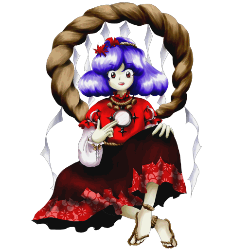 zun (artist), yasaka kanako, mountain of faith, touhou, official art, 1girl, bad anatomy, bad hands, dress, feet, female focus, full body, hair ornament, leaf hair ornament, mirror, open mouth, poorly drawn, purple hair, red eyes, rope, sandals, shide, shimenawa, short hair, solo, transparent background