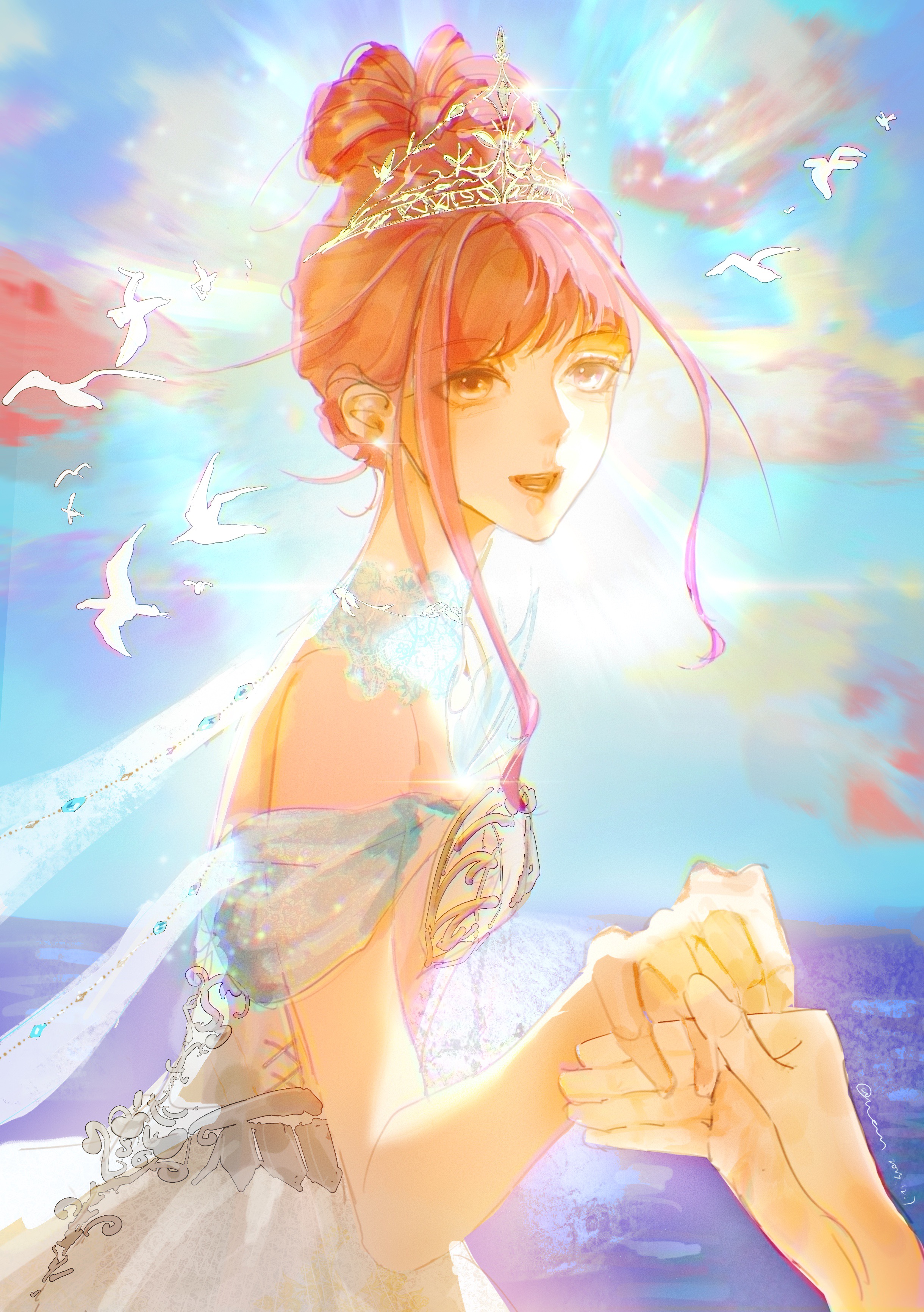 nikki (nikki), infinity nikki, nikki (series), absurdres, commentary request, highres, 1girl, armor, backlighting, bare arms, bare shoulders, bird, blue sky, breastplate, brown eyes, cloud, collar, day, detached collar, dress, earrings, eyelashes, fingernails, glint, hair bun, hair intakes, happy, holding hands, jewelry, lace collar, lips, looking at viewer, melody bloom (infinity nikki), miaomiaohetadelanlusexinghai, ocean, off-shoulder dress, off shoulder, open mouth, outdoors, pink hair, pov, short hair with long locks, sidelocks, signature, simple bird, single hair bun, sky, smile, solo focus, sun, sunlight, teeth, tiara, updo, wavy hair, white bird, white collar, white dress