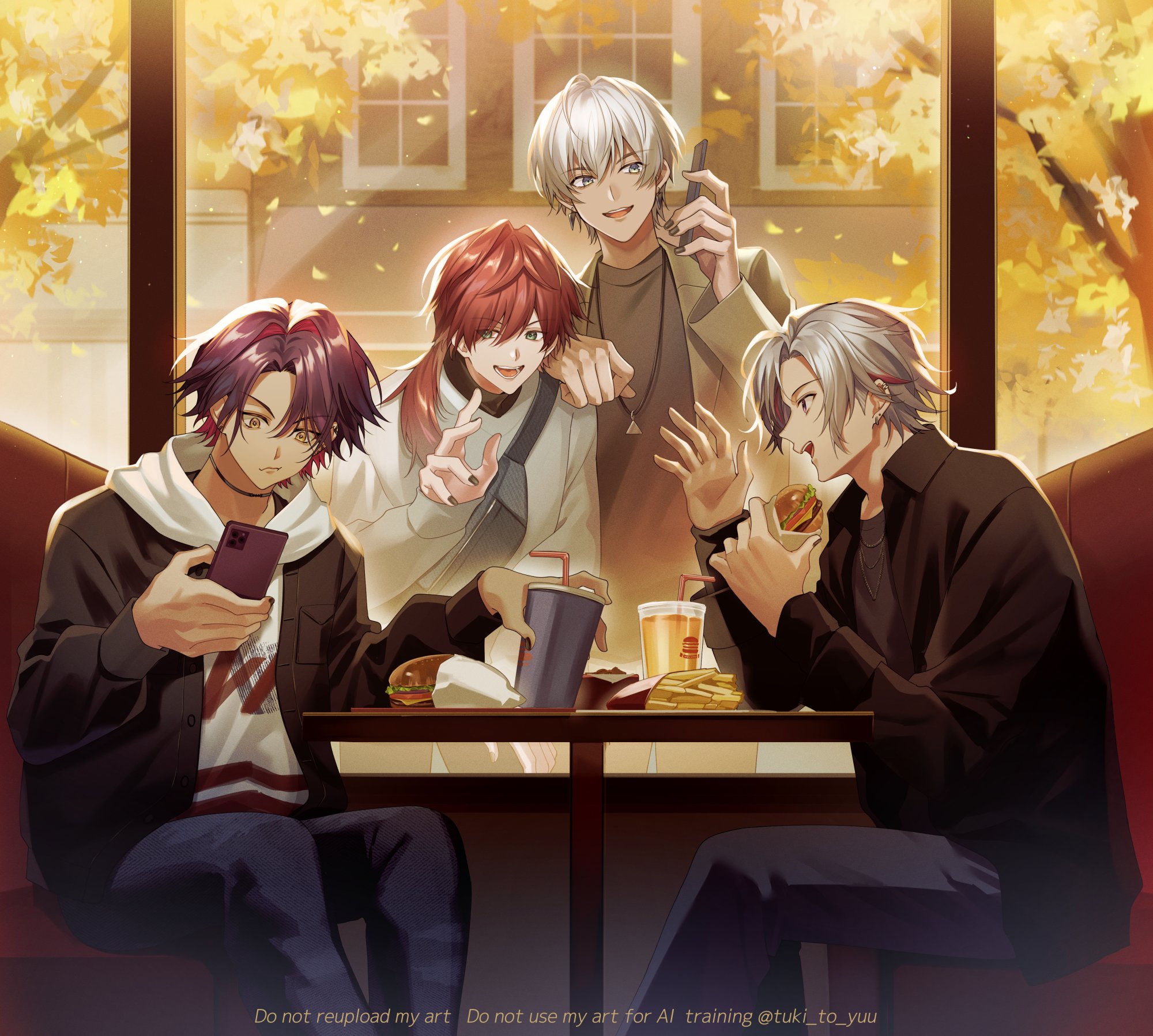 yuki07071006, fuwa minato, ibrahim (nijisanji), lauren iroas, watarai hibari, nijisanji, highres, 4boys, alternate costume, black jacket, black nails, booth seating, burger, cup, disposable cup, falling leaves, food, hair between eyes, hand on another's shoulder, holding, holding burger, holding cup, holding food, holding phone, hood, hoodie, jacket, leaf, long hair, long sleeves, looking at another, looking at phone, looking inside, multicolored hair, multiple boys, open clothes, open jacket, parted bangs, phone, ponytail, purple hair, red hair, short hair, side ponytail, sitting, streaked hair, virtual youtuber, white hair, window, yellow eyes, yellow leaves