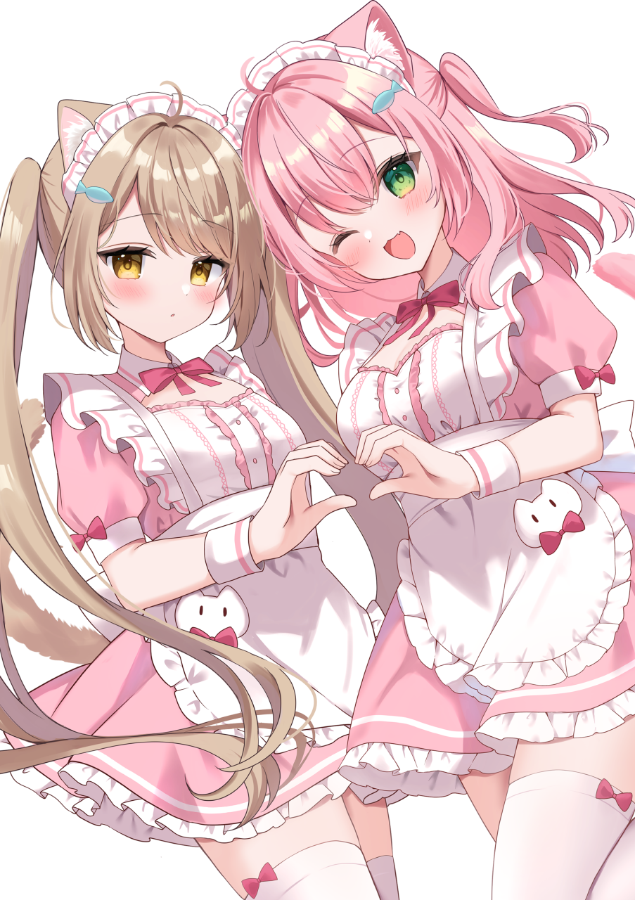 hamico, original, commentary request, highres, 2girls, :d, animal ear fluff, animal ears, apron, blush, brown hair, cat ears, cat girl, cat tail, double-parted bangs, fang, fish hair ornament, frilled apron, frills, green eyes, hair ornament, heart, heart hands, heart hands duo, long hair, maid, maid apron, maid headdress, multiple girls, one eye closed, one side up, open mouth, pink hair, skin fang, smile, swept bangs, tail, thighhighs, twintails, very long hair, white background, yellow eyes