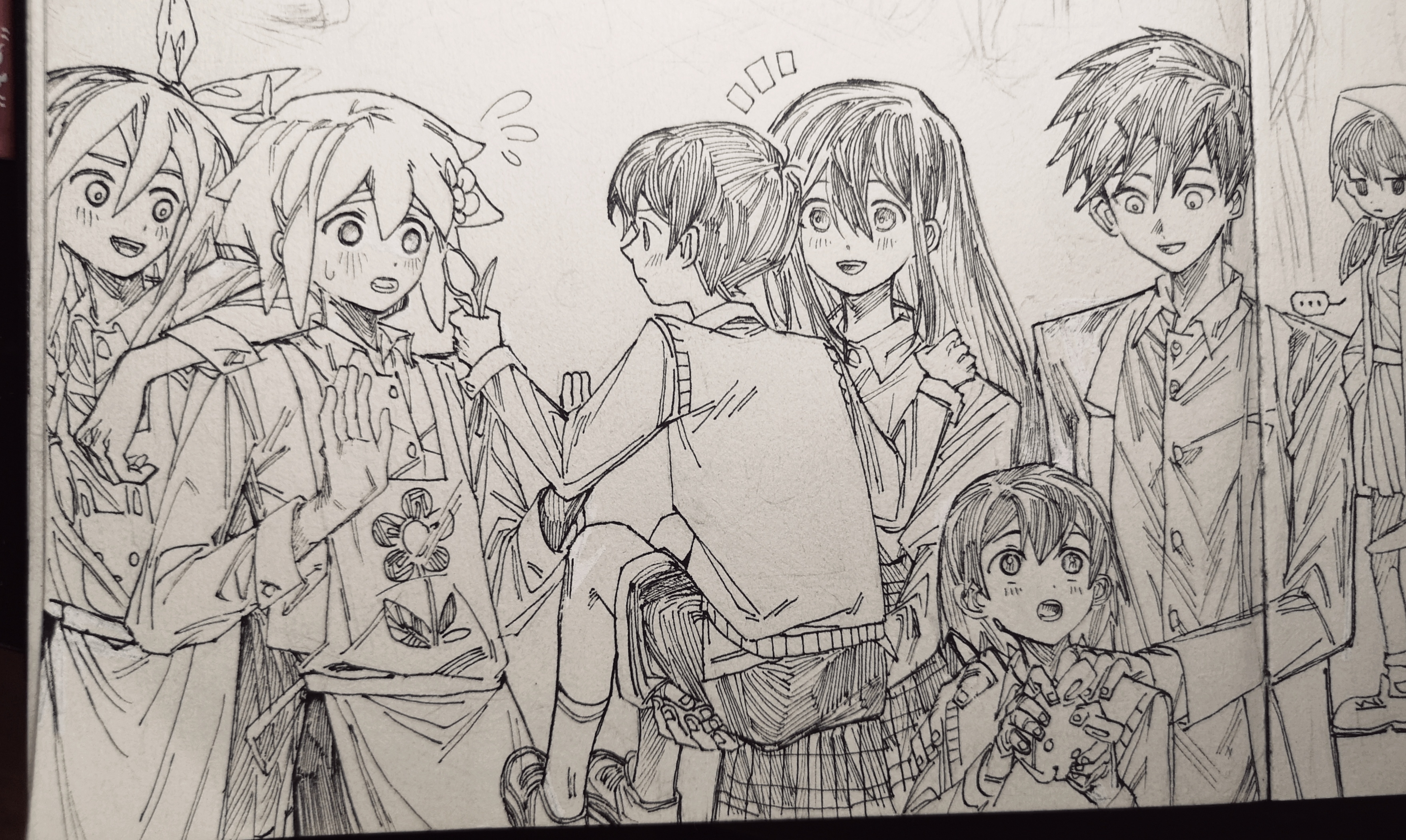 moonskysoon, aubrey (faraway) (omori), aubrey (omori), basil (faraway) (omori), basil (omori), hero (faraway) (omori), hero (omori), kel (faraway) (omori), kel (omori), mari (faraway) (omori), mari (omori), omori (omori), sunny (omori), omori, absurdres, chinese commentary, commentary request, highres, traditional media, …, 3girls, 4boys, alternate costume, apron, arm on another's shoulder, brother and sister, brothers, collared shirt, double-parted bangs, dual persona, genderswap, genderswap (mtf), greyscale, hair between eyes, hairband, hand on another's shoulder, knife, long hair, long sleeves, looking at another, low twintails, monochrome, multiple boys, multiple girls, open mouth, pants, pleated skirt, shirt, shoes, short hair, short twintails, shorts, siblings, sidelocks, skirt, socks, spoken ellipsis, sweater vest, teeth, twintails, upper teeth only