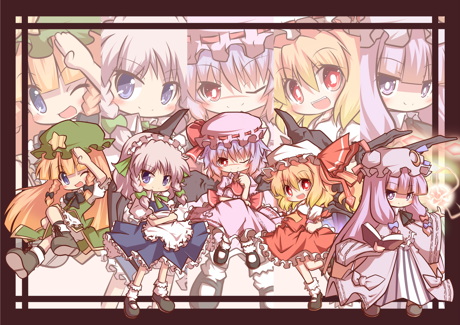 mori no kaeru, flandre scarlet, hong meiling, izayoi sakuya, patchouli knowledge, remilia scarlet, embodiment of scarlet devil, touhou, silver hair, 5girls, blonde hair, blue eyes, book, braid, chibi, female focus, hairband, hat, maid, multiple girls, purple eyes, purple hair, red eyes, red hair, short hair, side ponytail, twin braids, wings, zoom layer