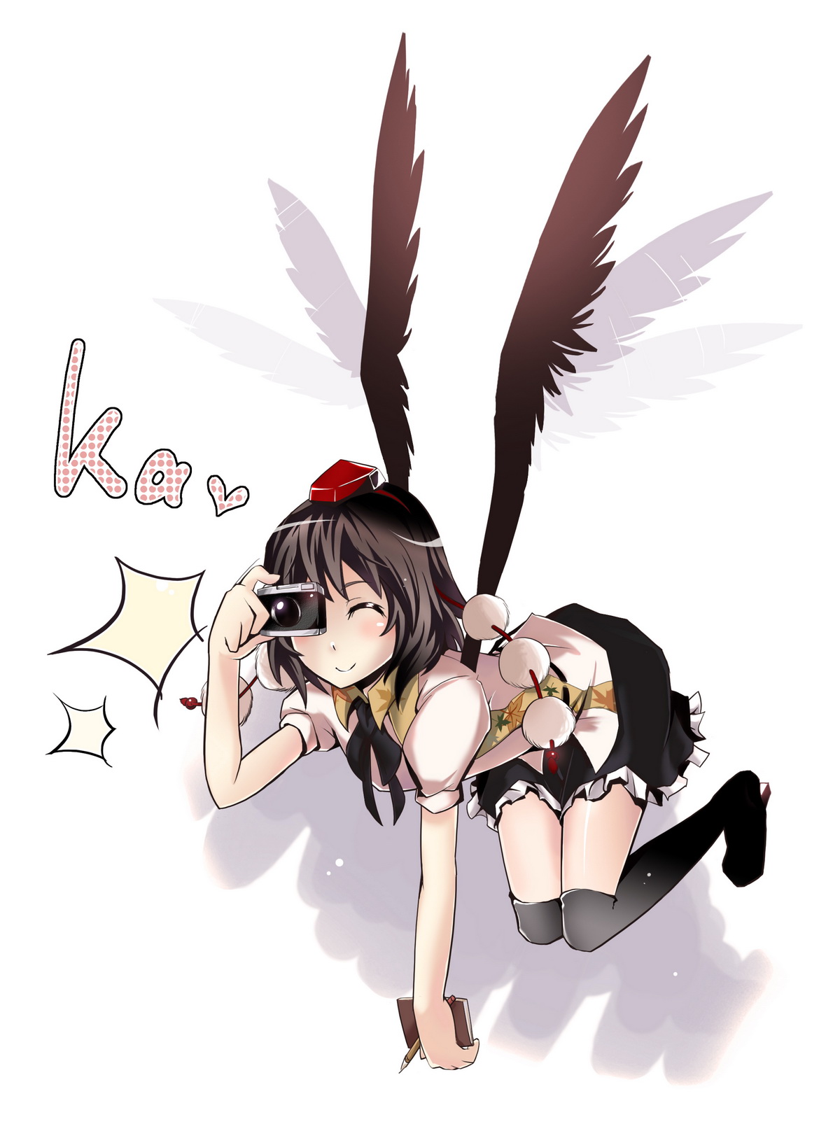 asskiler, shameimaru aya, touhou, artist request, bad id, bad pixiv id, highres, 1girl, black hair, black wings, camera, female focus, full body, geta, hat, looking at viewer, one eye closed, short hair, smile, solo, tengu-geta, thighhighs, tokin hat, wings, wink