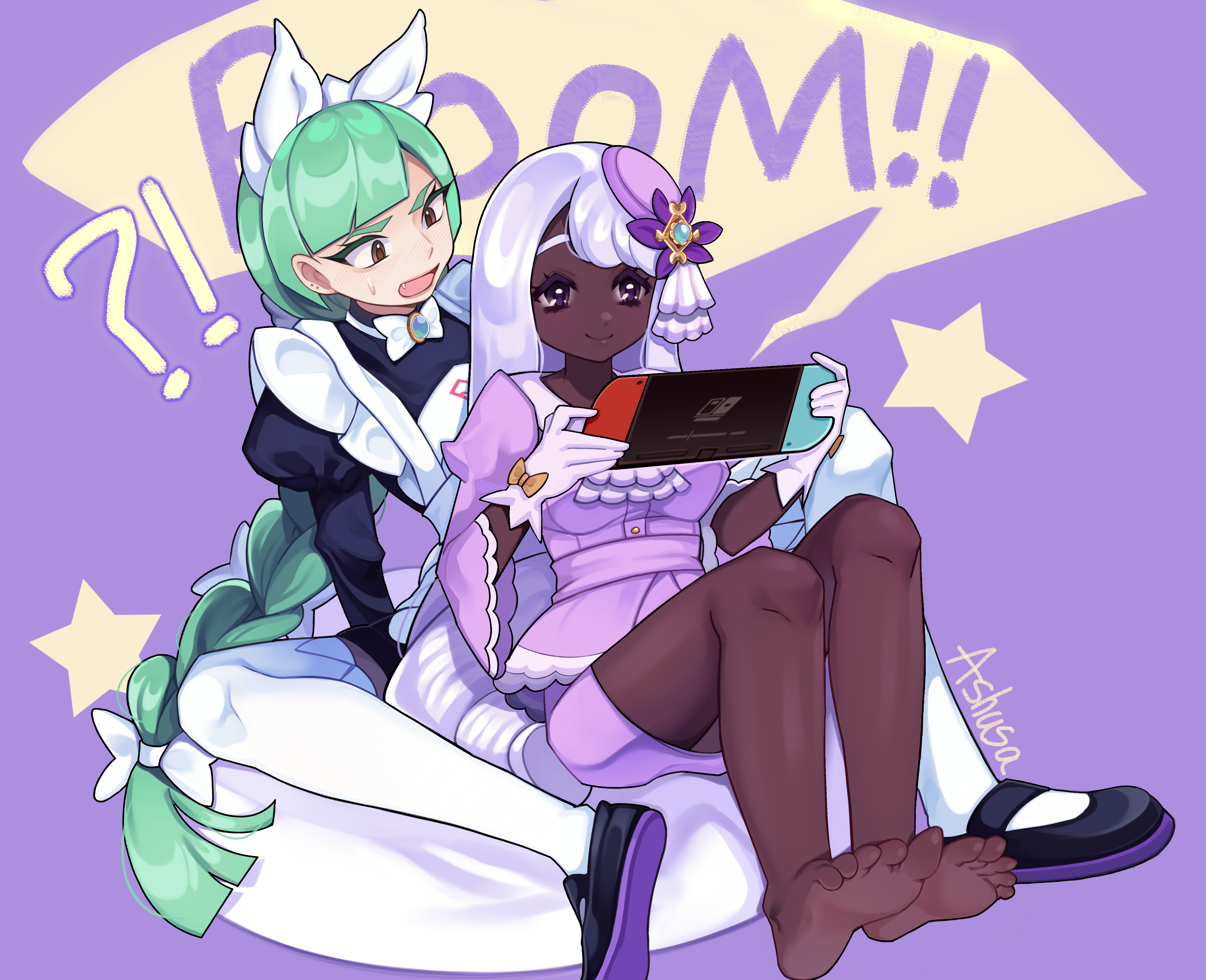 ashusa, jacinthe (pokemon), lebanne (pokemon), nintendo, pokemon, pokemon legends: z-a, absurdres, commentary, highres, symbol-only commentary, !?, 2girls, :o, apron, barefoot, black dress, black shoes, blunt bangs, blush, bow, bowtie, braid, braided ponytail, brooch, brown bow, brown eyes, closed mouth, dress, english text, eyeliner, fang, flower, glove bow, gloves, green hair, hair flower, hair ornament, handheld game console, hat, hat ribbon, holding, holding handheld game console, jewelry, knees up, leg warmers, long hair, long sleeves, maid apron, maid headdress, makeup, multiple girls, nintendo switch, open mouth, playing games, purple background, purple eyes, purple gloves, purple hair, purple hat, purple ribbon, purple shirt, purple skirt, ribbon, shirt, shoes, signature, simple background, sitting, sitting between lap, skirt, smile, speech bubble, star (symbol), sweatdrop, swept bangs, very long hair, white bow, white bowtie, white leg warmers, wide sleeves, yuri