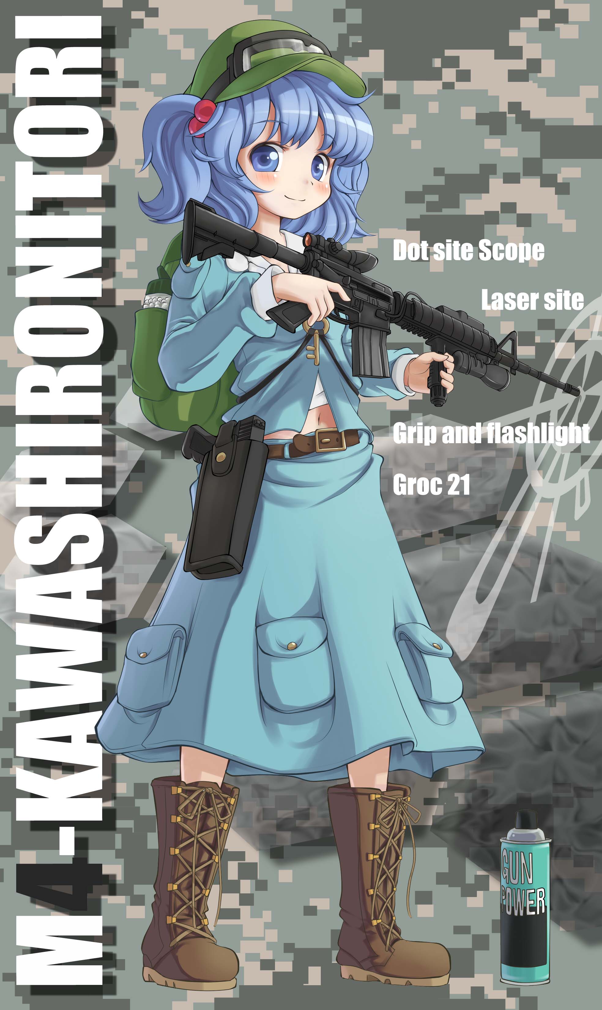 ruku rx, kawashiro nitori, touhou, absurdres, highres, 1girl, assault rifle, boots, character name, english text, engrish text, female focus, gun, hair bobbles, hair ornament, handgun, navel, pistol, ranguage, rifle, solo, two side up, weapon