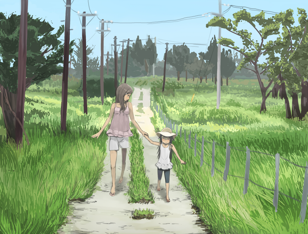penpen (penpen1942), original, bad id, bad pixiv id, 2girls, brown hair, day, fence, hair ornament, hairclip, hat, holding hands, multiple girls, outdoors, power lines, sandals, scenery, shorts