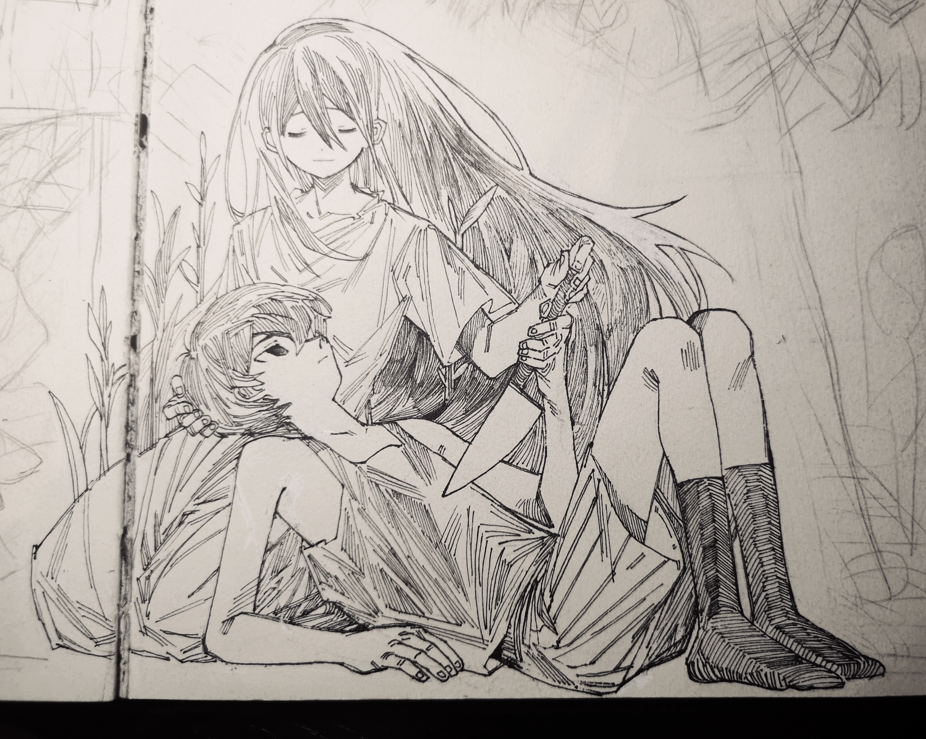 moonskysoon, mari (omori), mari (spirit) (omori), omori (omori), omori, absurdres, chinese commentary, commentary request, highres, traditional media, 1boy, 1girl, antenna hair, brother and sister, closed eyes, closed mouth, collarbone, double-parted bangs, dress, greyscale, hair between eyes, hand on another's head, holding, holding knife, knees up, knife, long hair, looking at another, monochrome, short hair, short sleeves, shorts, siblings, socks, striped clothes, striped shorts, tank top, vertical-striped clothes, vertical-striped shorts