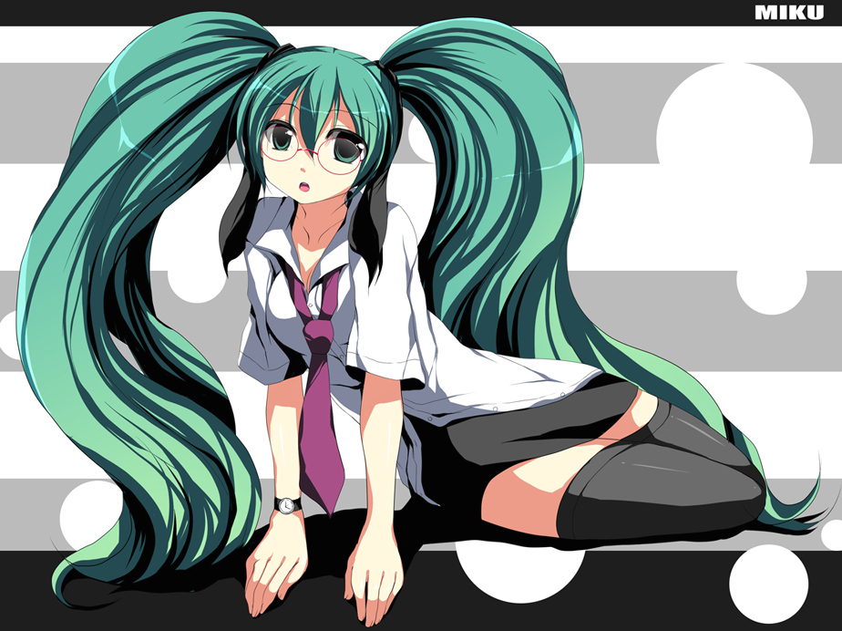 hako, xhacox, hatsune miku, vocaloid, bad id, bad pixiv id, 1girl, female focus, glasses, green eyes, green hair, long hair, matching hair/eyes, necktie, solo, thighhighs, twintails, very long hair, watch, wristwatch