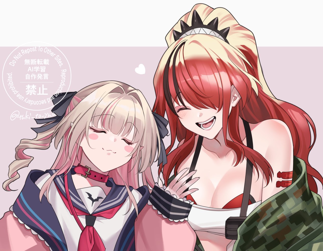 yuki07071006, lain paterson, lain paterson (1st costume), makaino ririmu, makaino ririmu (4th costume), nijisanji, hashtag-only commentary, 2girls, :3, belt collar, blonde hair, blush stickers, breasts, camouflage, camouflage jacket, choker, closed eyes, closed mouth, collar, hair between eyes, hair intakes, hair over one eye, jacket, long hair, long sleeves, multicolored hair, multiple girls, neckerchief, one side up, open clothes, open jacket, open mouth, pink jacket, ponytail, red choker, red hair, red neckerchief, school uniform, serafuku, streaked hair, teeth, tongue, upper body, virtual youtuber