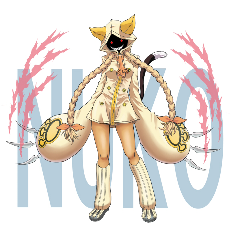 taokaka, arc system works, blazblue, animal hood, braid, cat hood, claws, grin, hood, hoodie, red eyes, smile, solo, tail, twin braids