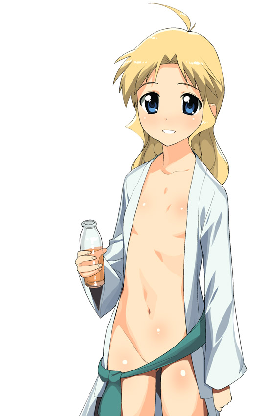 a1 (initial-g), kashiwagi hatsune, kizuato, saki (manga), 1girl, ahoge, alcohol, blonde hair, blue eyes, censored, convenient censoring, female focus, flat chest, groin, japanese clothes, kimono, loli, navel, open clothes, open shirt, parody, sake, shirt, smile, solo, underage drinking, yukata