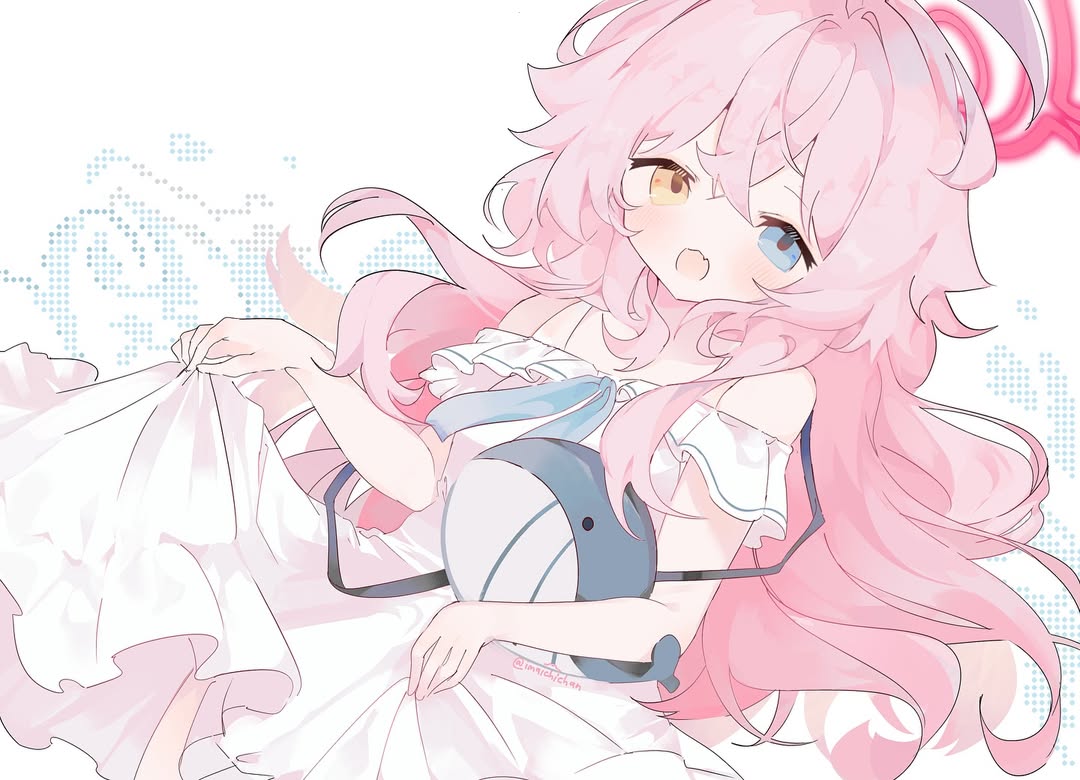 imaichichan, hoshino (blue archive), blue archive, commentary, 1girl, alternate costume, artist name, ben-day dots, blue bow, blue bowtie, blue eyes, bow, bowtie, cowboy shot, crossed bangs, dress, dutch angle, fang, floating hair, halo, heterochromia, holding, holding stuffed toy, instagram username, light blush, long hair, looking at viewer, messy hair, no nose, off-shoulder dress, off shoulder, open mouth, pink hair, pink halo, screentones, see-through strap, skin fang, skirt hold, sleeveless, sleeveless dress, solo, stuffed animal, stuffed toy, stuffed whale, sundress, twitter username, white background, white dress, yellow eyes