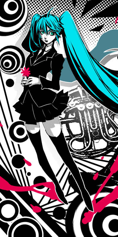 yumeji kiriko, hatsune miku, hatsune miku (saihate), saihate (vocaloid), vocaloid, bad id, bad pixiv id, 1girl, ahoge, aqua eyes, aqua hair, female focus, flower, formal clothes, legs, long hair, monochrome, necktie, solo, spot color, suit, thighhighs, twintails, very long hair, zettai ryouiki