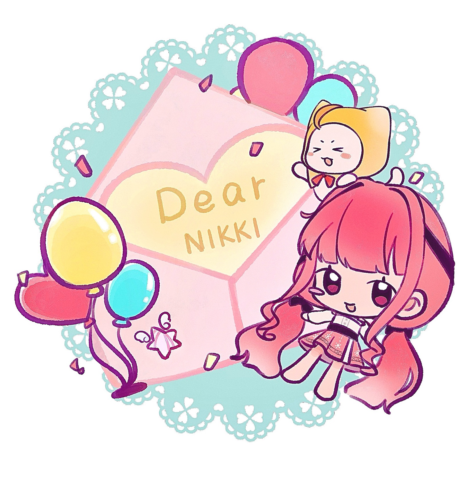 fox39367, momo (nikki), nikki (nikki), whimstar (infinity nikki), infinity nikki, nikki (series), chinese commentary, commentary request, highres, > <, 1girl, absurdly long hair, animal, animal on head, aqua background, balloon, bare legs, bare shoulders, barefoot, belt, birthday, black belt, black bow, black ribbon, blunt bangs, blush stickers, bow, bowtie, brown eyes, buttons, cat, cat on head, character name, chibi, cloak, clothed animal, clover, confetti, ear covers, english text, envelope, eyelashes, four-leaf clover, frilled shirt, frills, hair bow, hair ribbon, hood, hood up, hooded cloak, lace background, layered skirt, letter, long hair, long sidelocks, long sleeves, looking at viewer, low twintails, miniskirt, off-shoulder shirt, off shoulder, on head, open mouth, pink hair, pink skirt, print skirt, puffy long sleeves, puffy sleeves, red bow, red bowtie, ribbon, shirt, sidelocks, single blush sticker, skirt, smile, snowflake print, star (symbol), tress ribbon, twintails, two-tone background, v-shaped eyebrows, very long hair, wavy hair, white background, white cat, white shirt, white skirt, yarn, yellow cloak