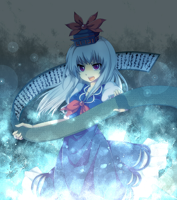 momoko nitsuite, kamishirasawa keine, touhou, bad id, bad pixiv id, 1girl, blue hair, female focus, gradient background, hat, long hair, red eyes, scroll, solo