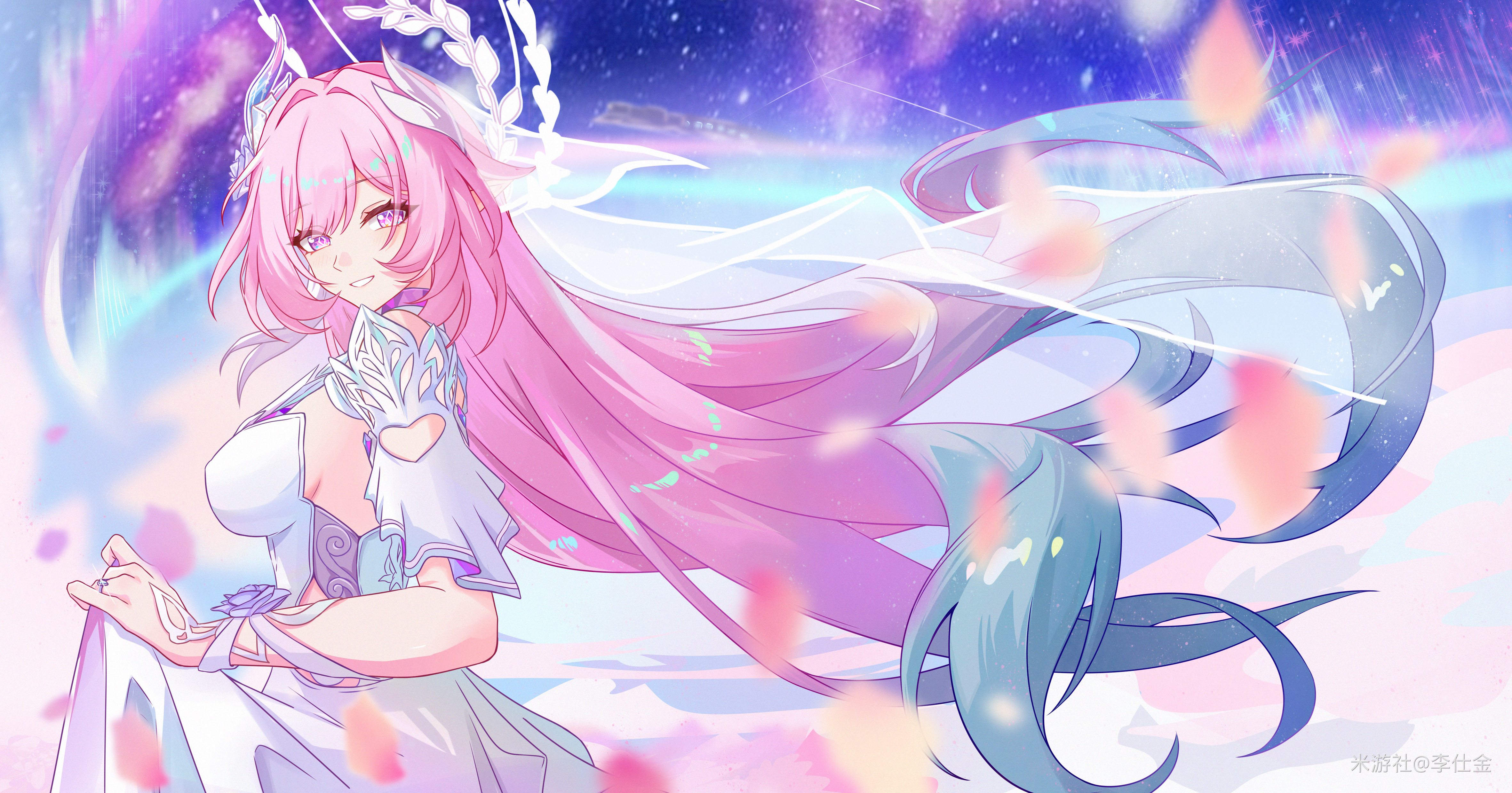 li shijin, cyrene (honkai: star rail), cyrene (ripples of past reverie) (honkai: star rail), honkai: star rail, honkai (series), absurdres, chinese commentary, commentary request, highres, 1girl, armlet, blue hair, breasts, diamond-shaped pupils, diamond (shape), dress, from side, gradient hair, hair intakes, jewelry, large breasts, long hair, looking at viewer, looking to the side, multicolored hair, parted lips, pink eyes, pink hair, pointy ears, ring, sidelocks, smile, solo, symbol-shaped pupils, upper body, white dress