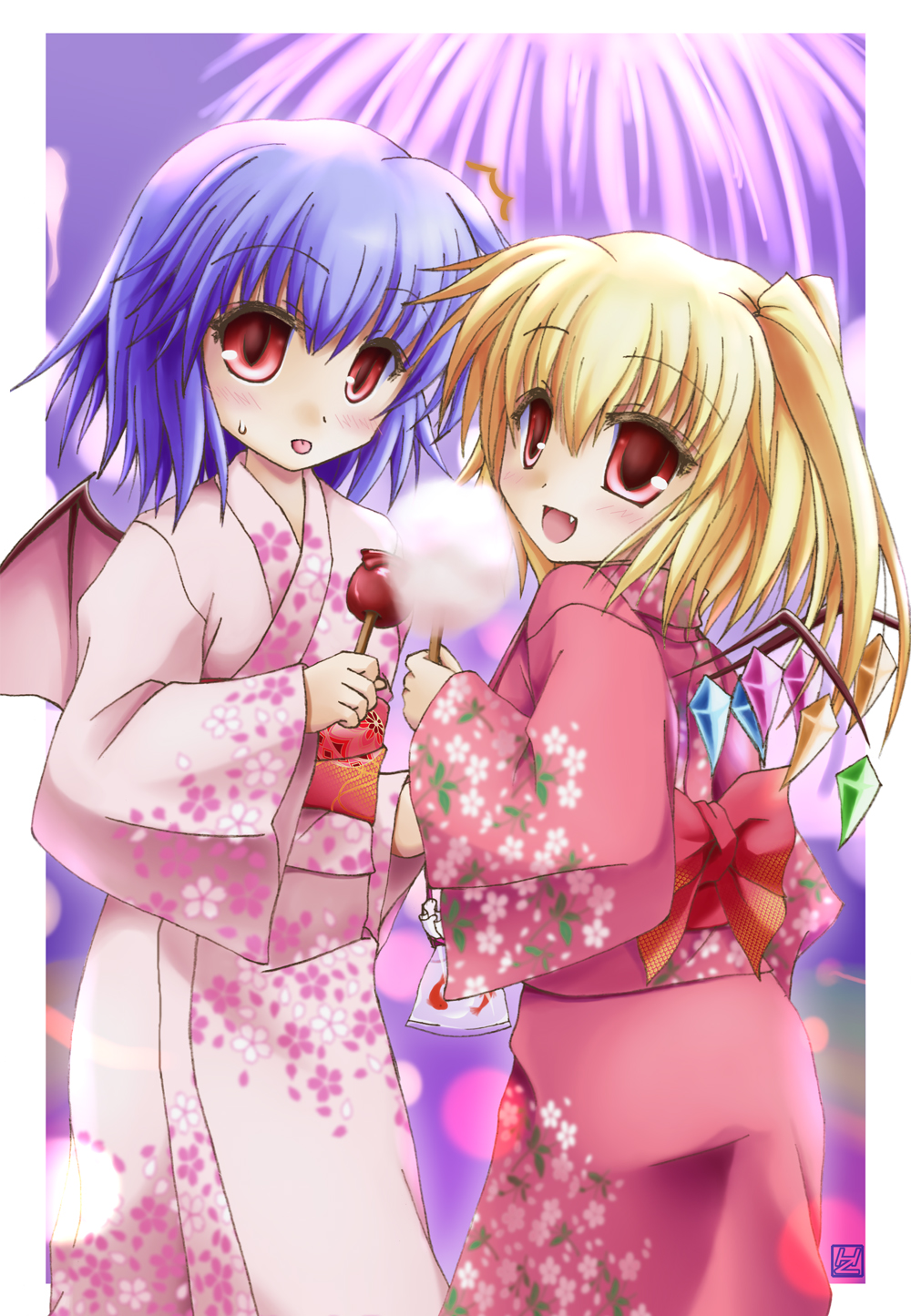 iwaki hazuki, flandre scarlet, remilia scarlet, touhou, highres, 2girls, alternate costume, bat wings, blonde hair, candy apple, cotton candy, female focus, floral print, food, holding, holding cotton candy, holding food, japanese clothes, kimono, multiple girls, no headwear, pink kimono, print kimono, purple hair, red eyes, siblings, sisters, wings, yukata