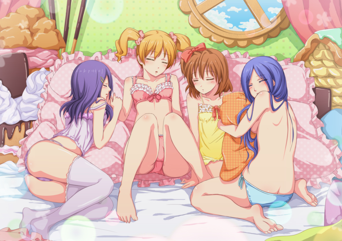 chobipero, aono miki, higashi setsuna, momozono love, yamabuki inori, fresh precure!, precure, 00s, 4girls, back, barefoot, blue hair, bra, breasts, butt crack, camisole, closed eyes, feet, flat chest, food, frilled pillow, frills, hug, hugging object, legs, lingerie, lying, multiple girls, no bra, on side, pajamas, panties, pillow, pillow hug, pocky, purple hair, sideboob, sleeping, soles, thighhighs, toes, topless female, twintails, underwear, underwear only, window