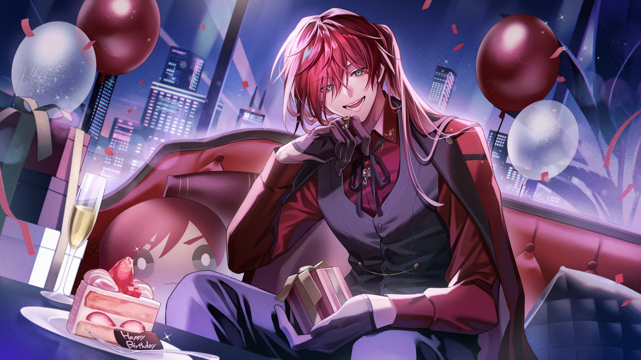 yuki07071006, lauren iroas, lauren iroas (4th costume), nijisanji, highres, 1boy, alcohol, balloon, black gloves, box, cake, cake slice, champagne, champagne flute, cityscape, confetti, couch, cup, drinking glass, food, gift, gift box, gloves, green eyes, hair between eyes, hand on own chin, happy birthday, holding, holding gift, jacket, jacket on shoulders, light rays, long hair, looking at viewer, male focus, night, night sky, on couch, open mouth, ponytail, red hair, red shirt, shirt, side ponytail, sitting, sky, skyline, smile, solo, strawberry shortcake, streamers, teeth, vest, virtual youtuber, waistcoat, window