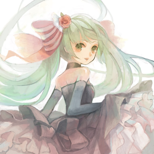 loc6, hatsune miku, vocaloid, bad id, bad pixiv id, 1girl, aqua eyes, aqua hair, dress, elbow gloves, female focus, flower, gloves, hair ribbon, long hair, looking back, ribbon, rose, smile, solo, twintails, white background