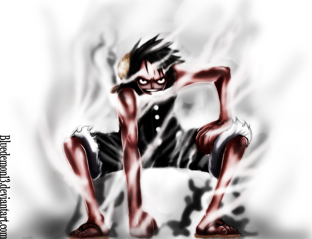 bluedemon13, monkey d. luffy, one piece, banned artist, fighting stance, gear second, hat, pirate, solo, steam, straw hat, vest