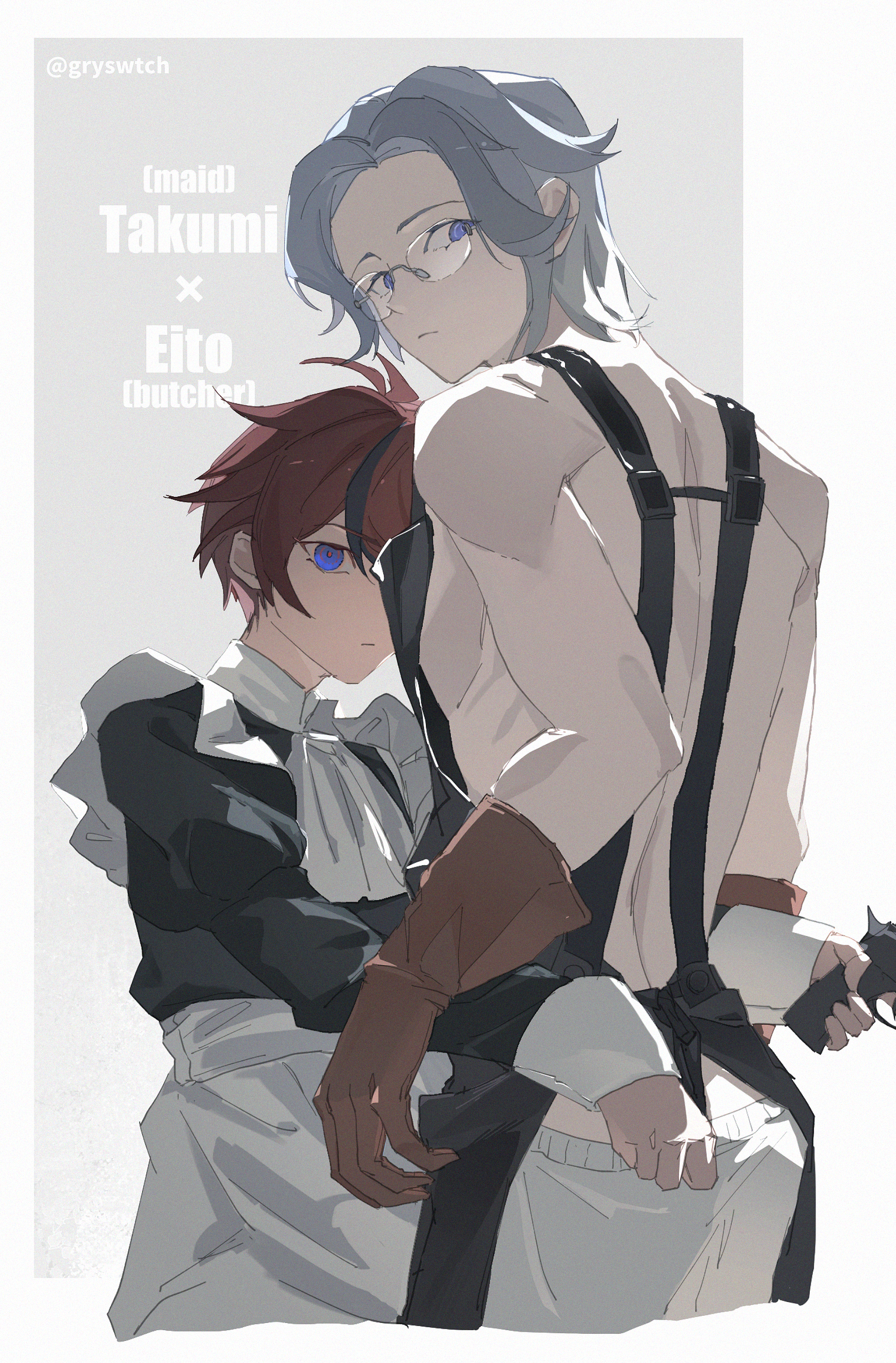 gryswtch, aotsuki eito, sumino takumi, the hundred line -last defense academy-, absurdres, chinese commentary, commentary, commentary request, english commentary, highres, mixed-language commentary, 2boys, ahoge, alternate costume, apron, ascot, black dress, black streaks, blue eyes, border, brown gloves, butcher, crossdressing, crossdressing (mtf), dress, enmaided, expressionless, frills, glasses, gloves, grey hair, gun, holding, holding gun, holding weapon, juliet sleeves, long sleeves, looking at viewer, maid, maid apron, male focus, male maid, multicolored hair, multiple boys, no shirt, outside border, pants, puffy sleeves, purple eyes, red hair, red pupils, ringed eyes, short hair, sleeve cuffs, streaked hair, twitter username, weapon, white apron, white ascot, white border, white pants