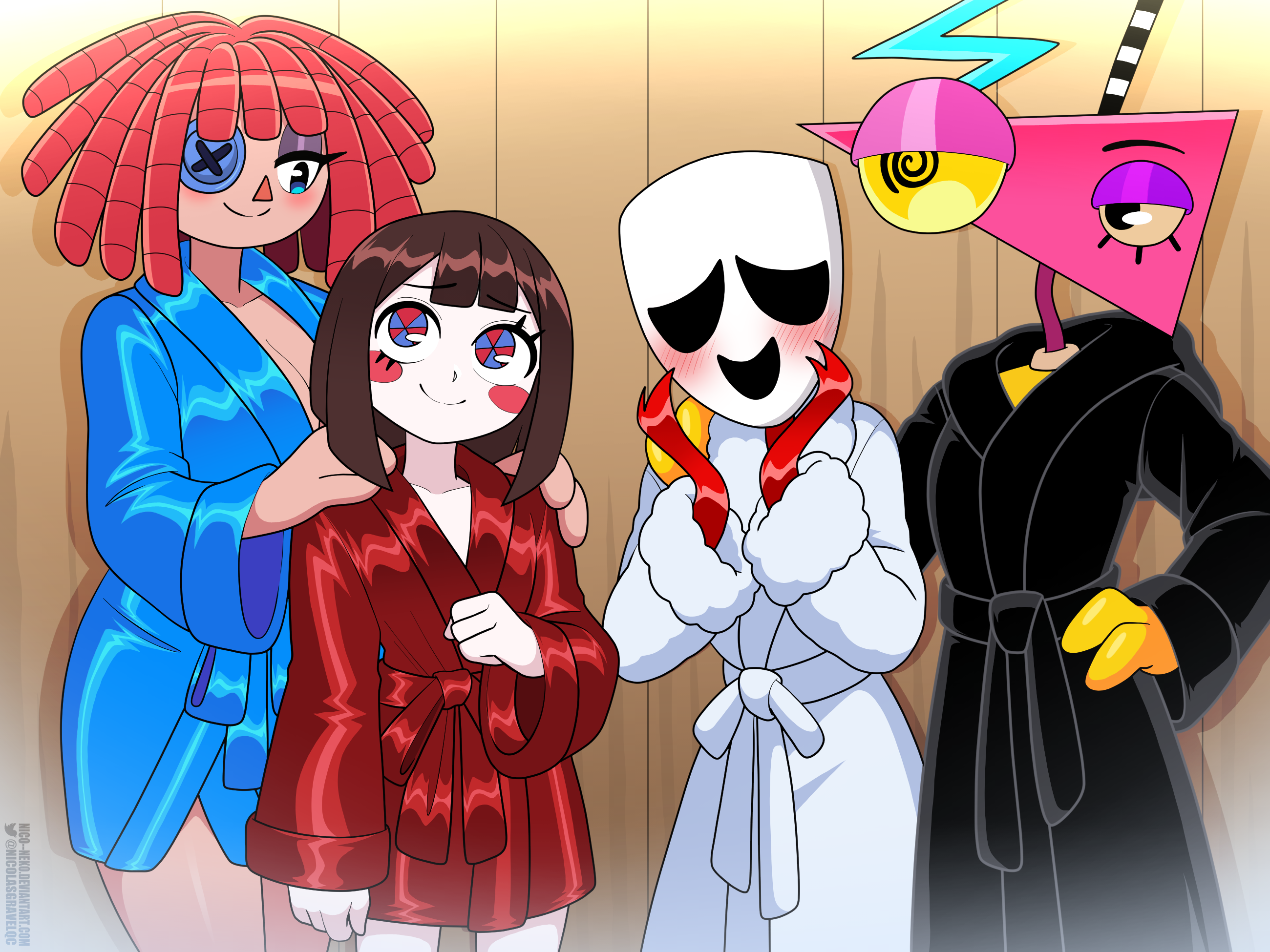nico-neko, gangle (the amazing digital circus), pomni (the amazing digital circus), ragatha (the amazing digital circus), zooble (the amazing digital circus), original, the amazing digital circus, highres, 1other, 3girls, black robe, blue robe, blush, breasts, brown hair, cleavage, dreadlocks, hand on own hip, hands on another's shoulder, hands on another's shoulders, height difference, indoors, large breasts, looking at another, multiple girls, red hair, red robe, robe, satin, smile, spa, steam, straight hair, white robe, wooden wall