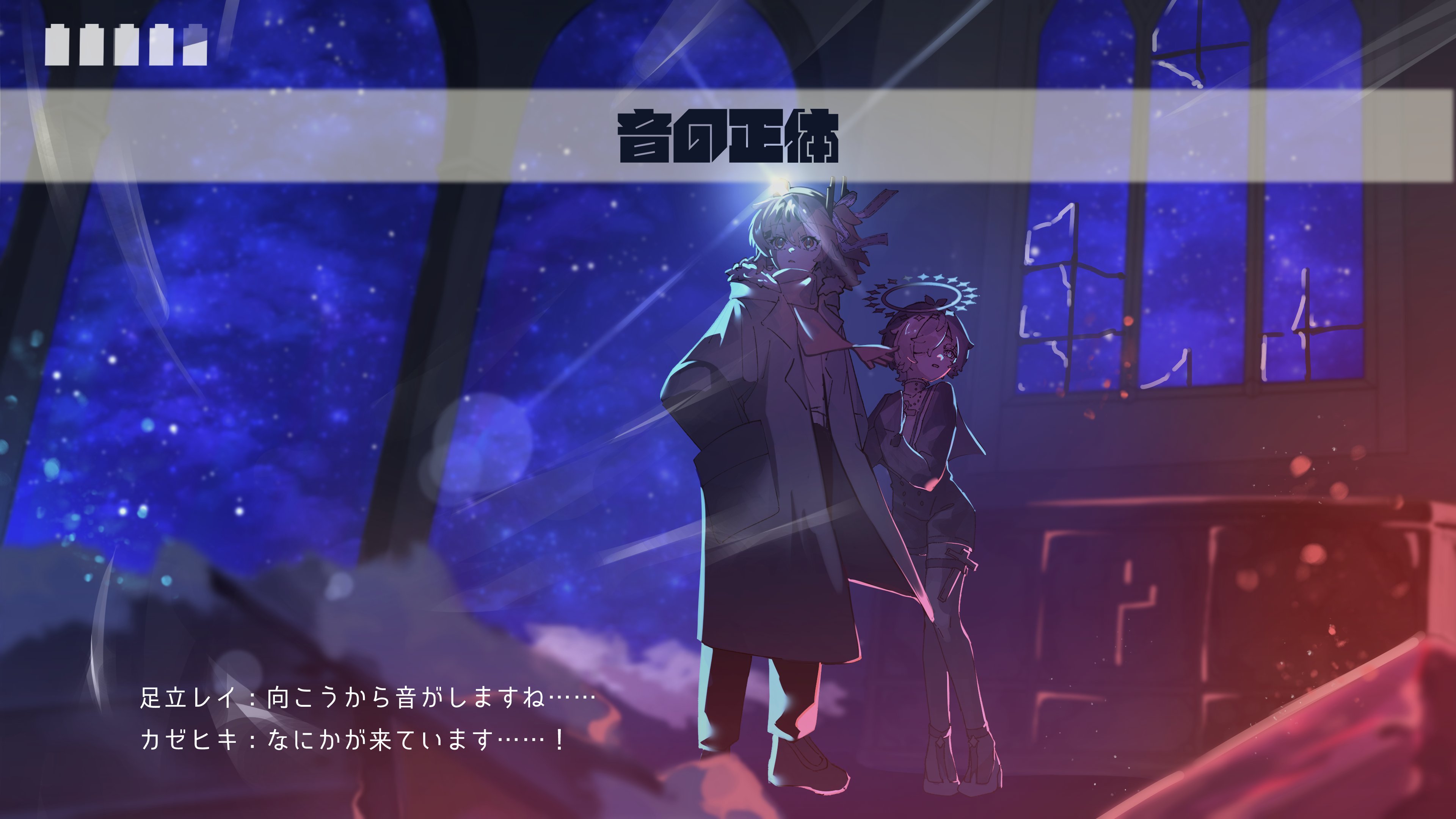 senri (hrydy o), adachi rei, kazehiki (utau), a.i. voice, utau, absurdres, commentary request, highres, 1boy, 1girl, coat, cross, fake screenshot, fur-trimmed coat, fur trim, hair over one eye, halo, hand in pocket, headlamp, looking to the side, orange eyes, orange hair, orange scarf, scarf, shorts, standing, thigh strap, wide shot