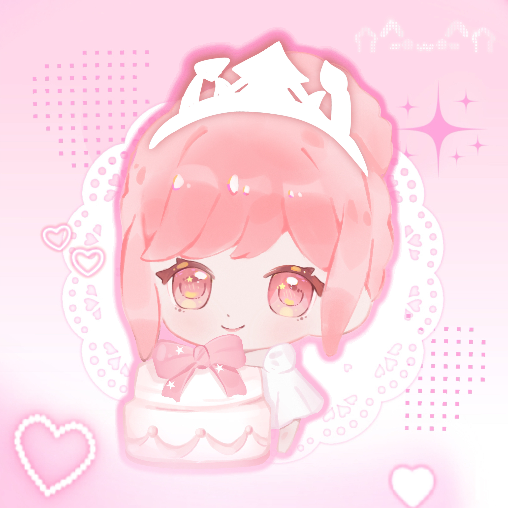 nikki (nikki), infinity nikki, nikki (series), chinese commentary, commentary request, highres, 1girl, bare arms, barefoot, birthday, birthday cake, border, bow, cake, cat, chibi, closed mouth, dot nose, dress, eyelashes, food, gaoleng xiaoqui, hair bun, halftone, happy, heart, holding, holding food, lace background, light blush, lipstick, looking at viewer, makeup, melody bloom (infinity nikki), oversized food, oversized object, pink background, pink border, pink bow, pink eyes, pink hair, pink lips, pleated skirt, short hair, short sleeves, sidelocks, single hair bun, skirt, smile, solo, sparkle, star (symbol), star in eye, symbol in eye, tiara, updo, white dress, white tiara