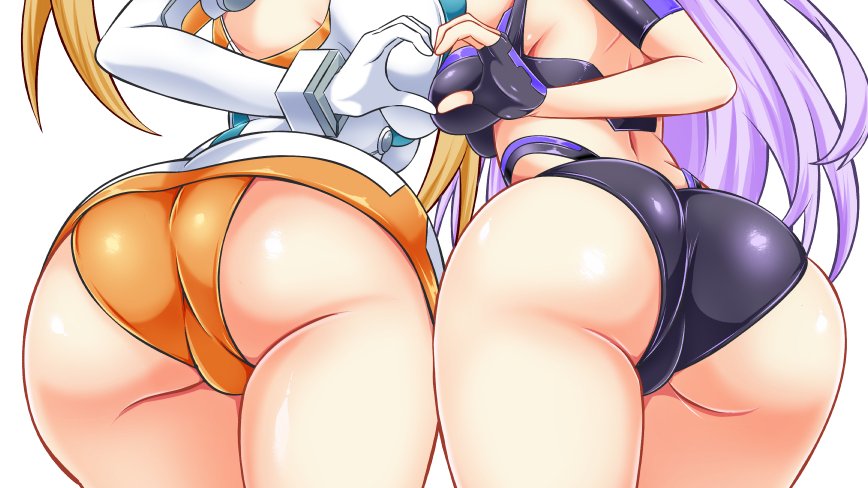 kyou (hibikit), nepgear, orange heart (neptunia), purple sister, tennouboshi uzume, compile heart, idea factory, neptune (series), 2girls, ass, ass focus, breast press, breasts, cameltoe, elbow gloves, from behind, gloves, huge ass, leaning, leaning forward, long hair, multiple girls, purple hair, short shorts, shorts, sideboob, very long hair