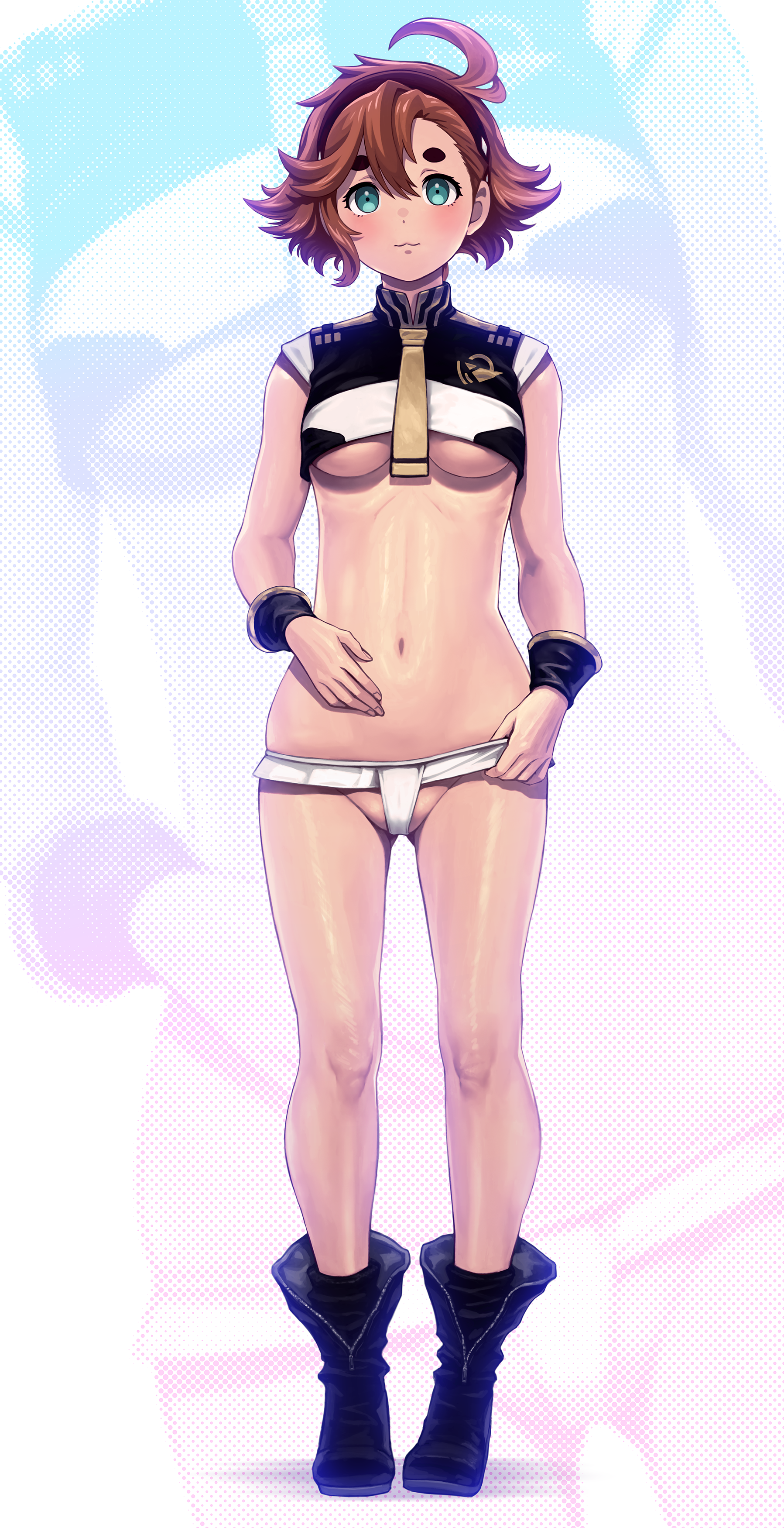 sakkan, suletta mercury, gundam, gundam suisei no majo, absurdres, commentary request, highres, 1girl, :3, black boots, black hairband, black shirt, blush, boots, breasts, brown hair, closed mouth, cropped shirt, full body, fundoshi, green eyes, hairband, japanese clothes, looking at viewer, navel, neckerchief, revealing clothes, shirt, short hair, smile, solo, standing, underboob, white background, yellow neckerchief, zoom layer