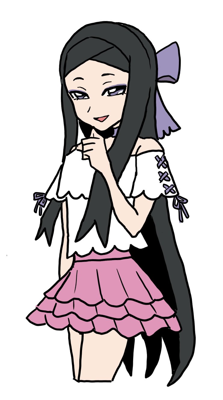 alzkcfbea7hihpw, valerie (pokemon), nintendo, pokemon, pokemon xy, commentary request, highres, 1girl, alternate costume, black hair, bow, cropped legs, eyeshadow, hair bow, long hair, looking at viewer, makeup, pink skirt, purple eyeshadow, skirt, smile, solo, very long hair