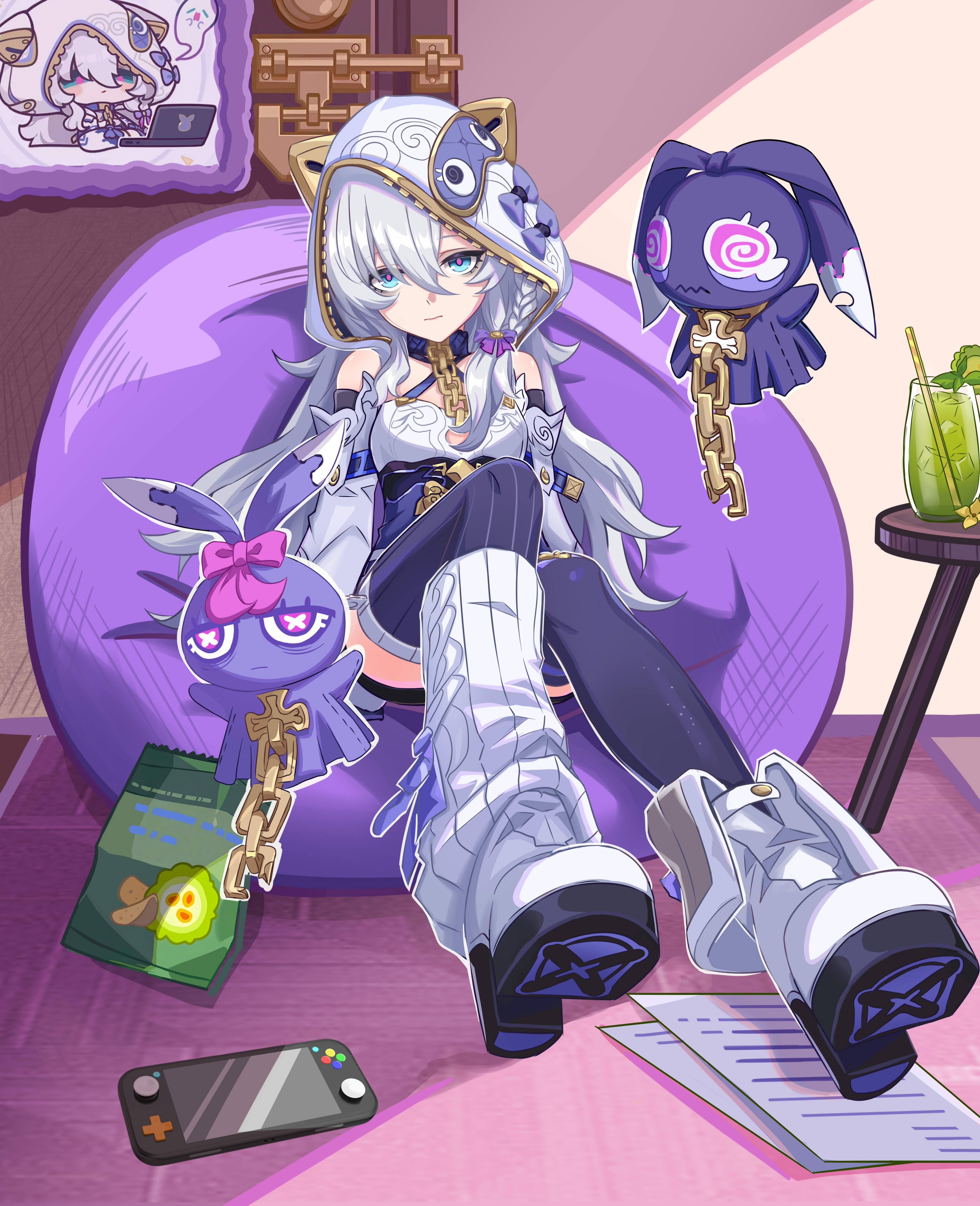 li shijin, theresa apocalypse, theresa apocalypse (schicksal's imperative), honkai (series), honkai impact 3rd, absurdres, chinese commentary, commentary request, highres, 1girl, bare shoulders, bean bag chair, blue eyes, boots, bow, breasts, chips (food), closed mouth, cup, detached sleeves, drinking glass, food, grey hair, hair between eyes, hair bow, hand puppet, handheld game console, indoors, juice, long hair, looking at viewer, meme, official art inset, paper, pink pupils, potato chips, puppet, purple bow, purple thighhighs, sitting, small breasts, solo, teri derp (meme), thighhighs, white boots, white hood