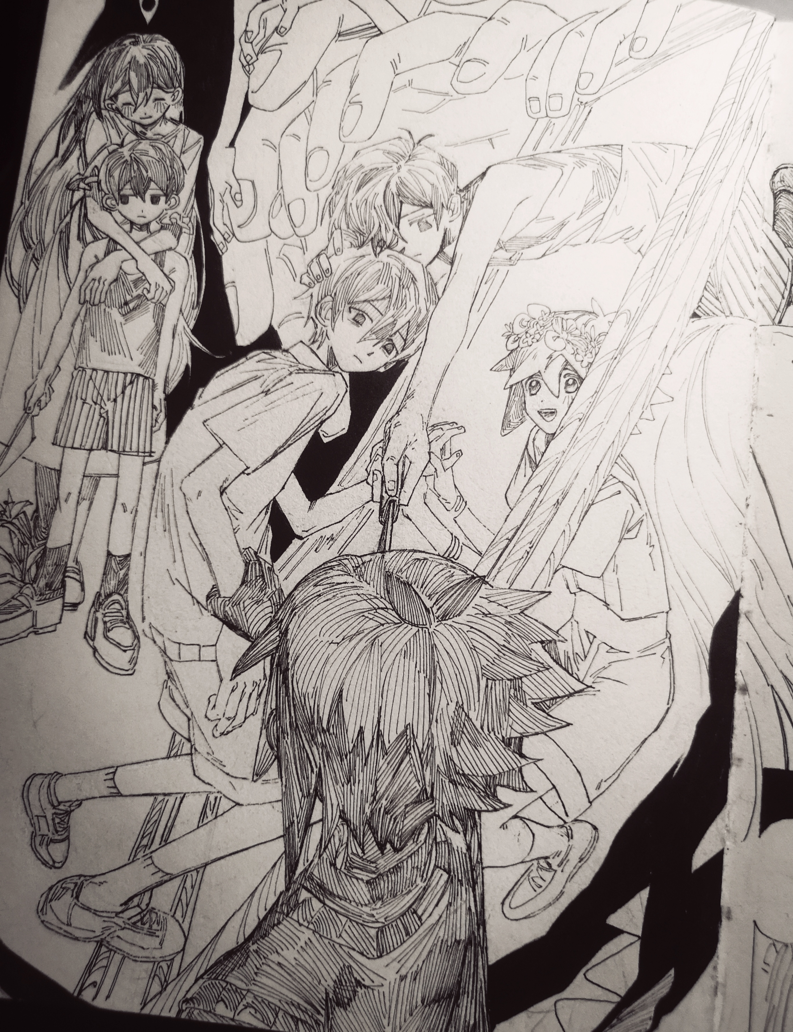 moonskysoon, basil (headspace) (omori), basil (omori), mari (omori), mari (spirit) (omori), omori (omori), something (omori), stranger (omori), sunny (omori), atelier (series), omori, absurdres, chinese commentary, commentary request, highres, traditional media, 1girl, 4boys, alternate costume, antenna hair, blush, brother and sister, closed eyes, closed mouth, collarbone, collared shirt, double-parted bangs, dress, dual persona, flower, flower wreath, greyscale, hair between eyes, head wreath, holding, holding knife, hug, hug from behind, knife, long hair, looking at another, monochrome, multiple boys, overall shorts, overalls, shirt, shoes, short sleeves, shorts, siblings, sidelocks, smile, socks, striped clothes, striped shorts, sweater vest, tank top, vertical-striped clothes, vertical-striped shorts