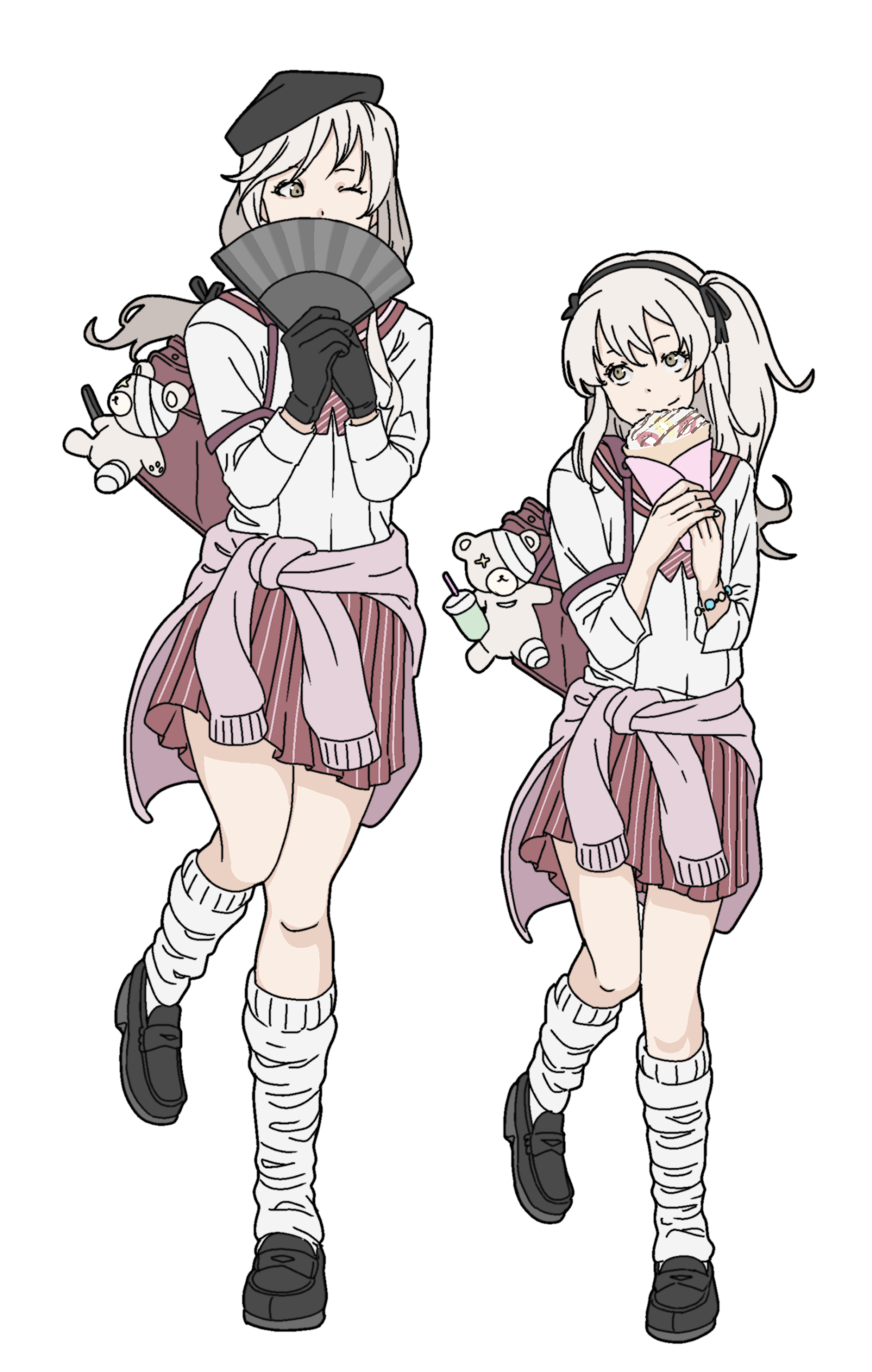 skrmtl, shimada arisu, shimada chiyo, girls und panzer, absurdres, commentary request, highres, 2girls, black ribbon, gloves, hair ribbon, hat, long hair, matching outfits, mature female, mother and daughter, multiple girls, ribbon, side-by-side, skirt, smile, standing, stuffed animal, stuffed toy, teddy bear