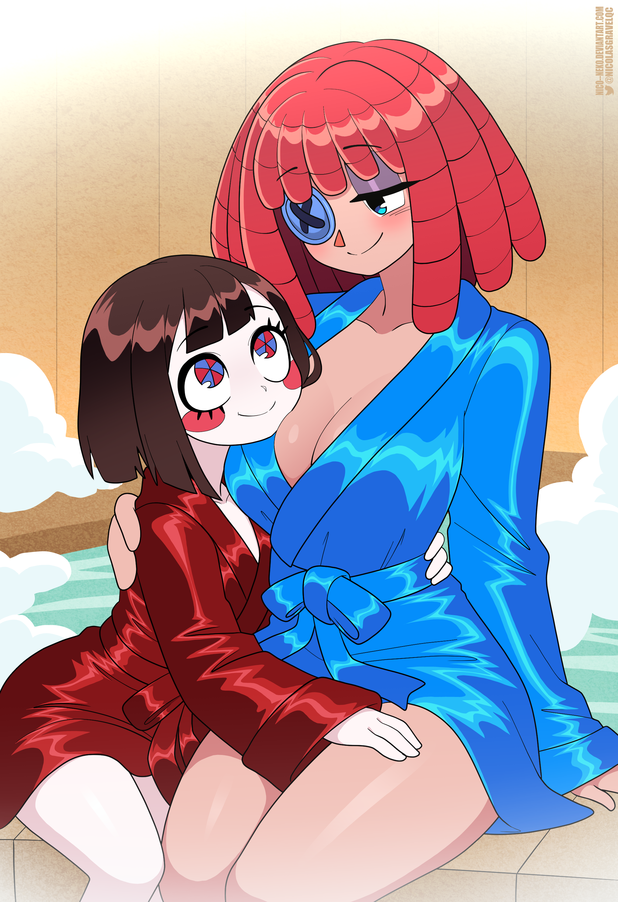 nico-neko, pomni (the amazing digital circus), ragatha (the amazing digital circus), original, the amazing digital circus, absurdres, highres, 2girls, blue robe, blush, breasts, brown hair, cleavage, dreadlocks, hand on another's hip, hand on another's thigh, hand on own hip, hands on another's shoulders, head on chest, indoors, large breasts, looking at another, multiple girls, red hair, red robe, robe, satin, signature, smile, spa, steam, straight hair, water, wooden wall