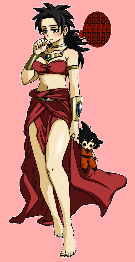 hoshikawa akira, broly (dragon ball z), son goku, dragon ball, dragonball z, bad id, bad pixiv id, 1girl, barefoot, black hair, blush, character doll, chibi, doll, female focus, genderswap, genderswap (mtf), jewelry, long hair, necklace, solo, spiked hair